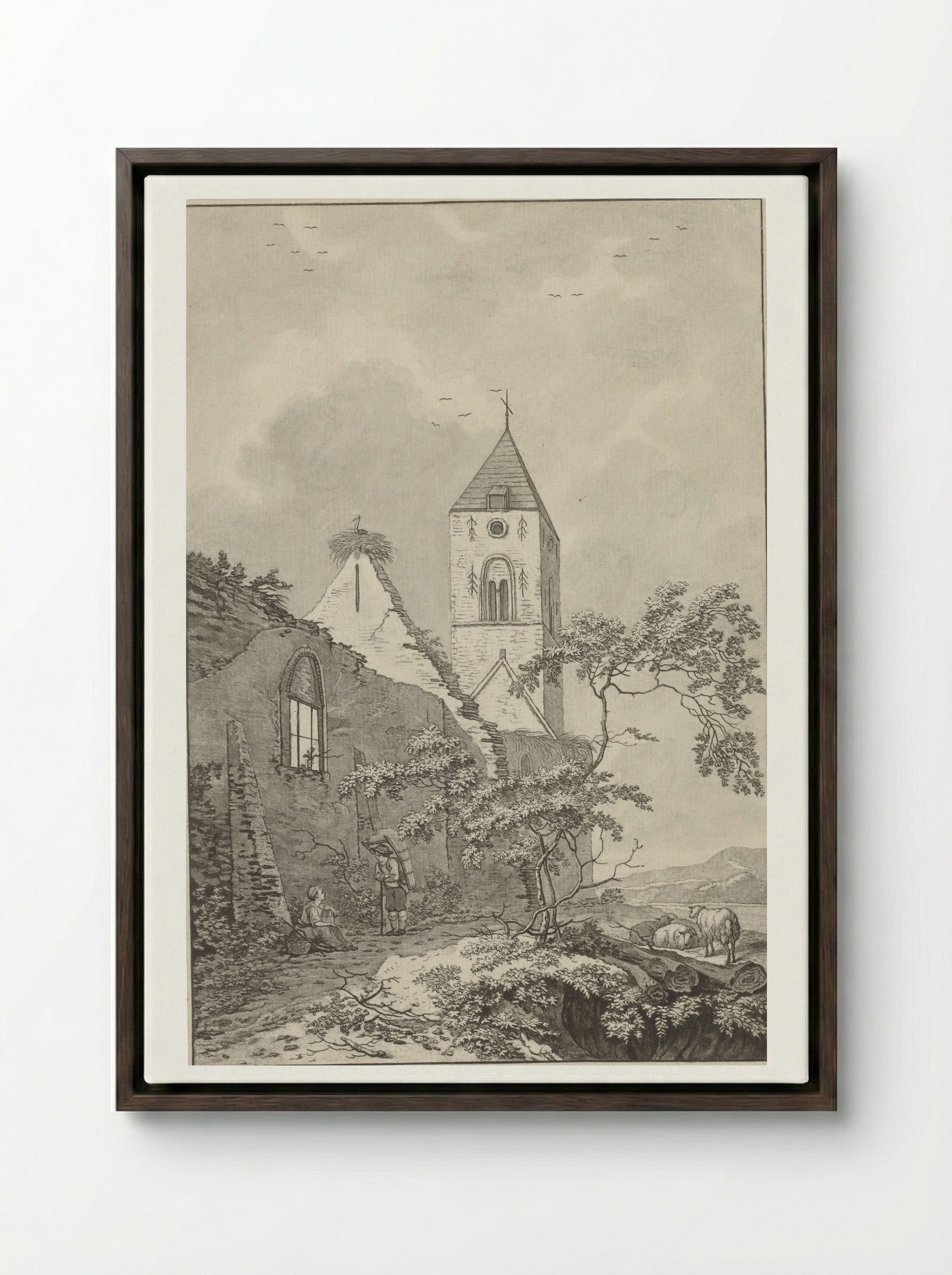 Two Resting Figures by a Church Ruin - Noach van der Meer (II) - Framed Canvas Dark Wood