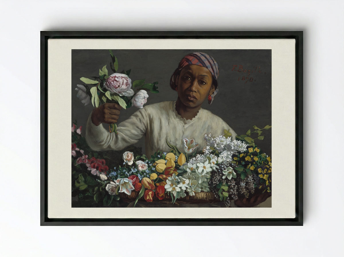 Young Woman with Peonies - Frederic Bazille - Framed Canvas Black