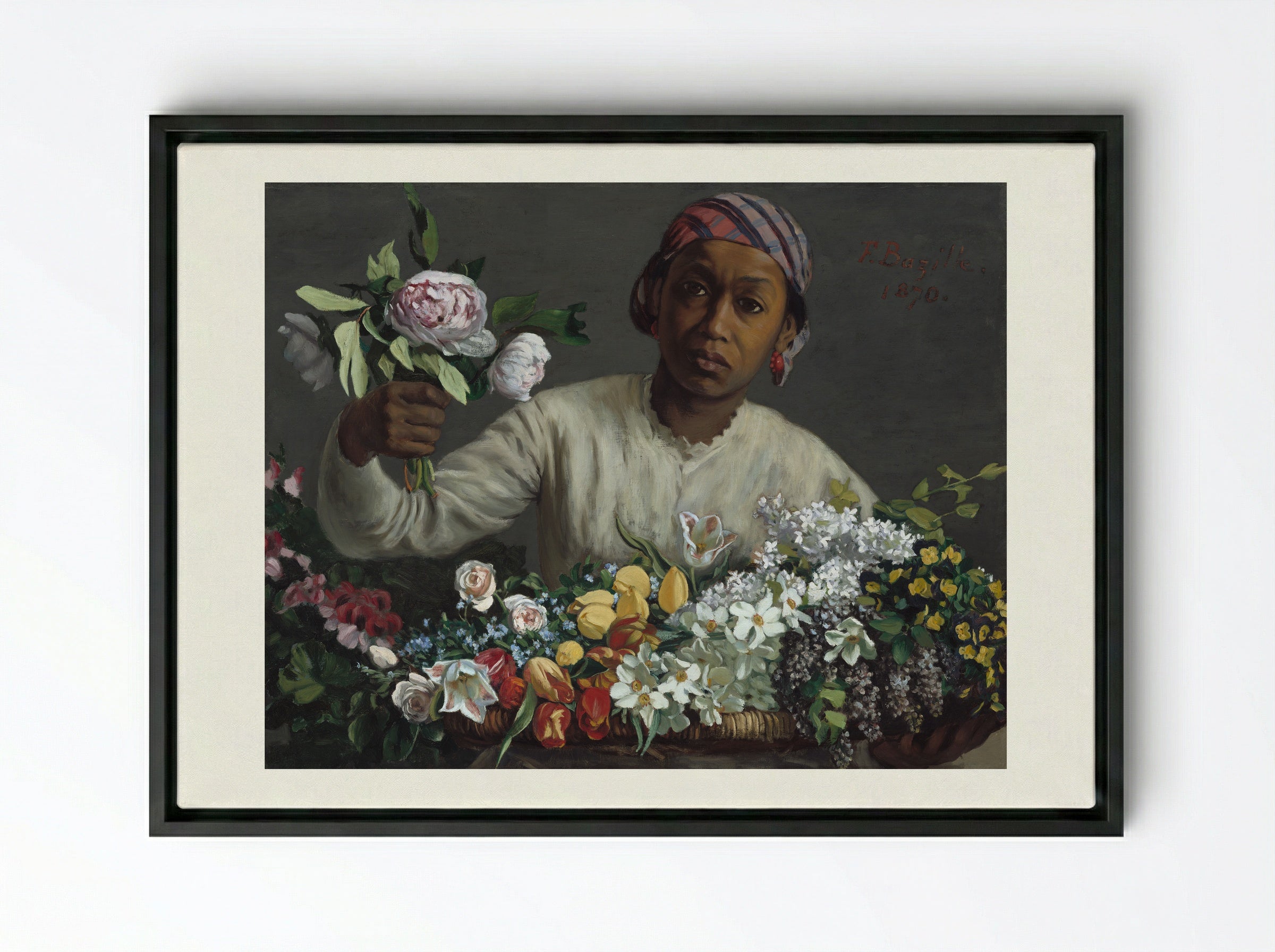 Young Woman with Peonies - Frederic Bazille - Framed Canvas Black