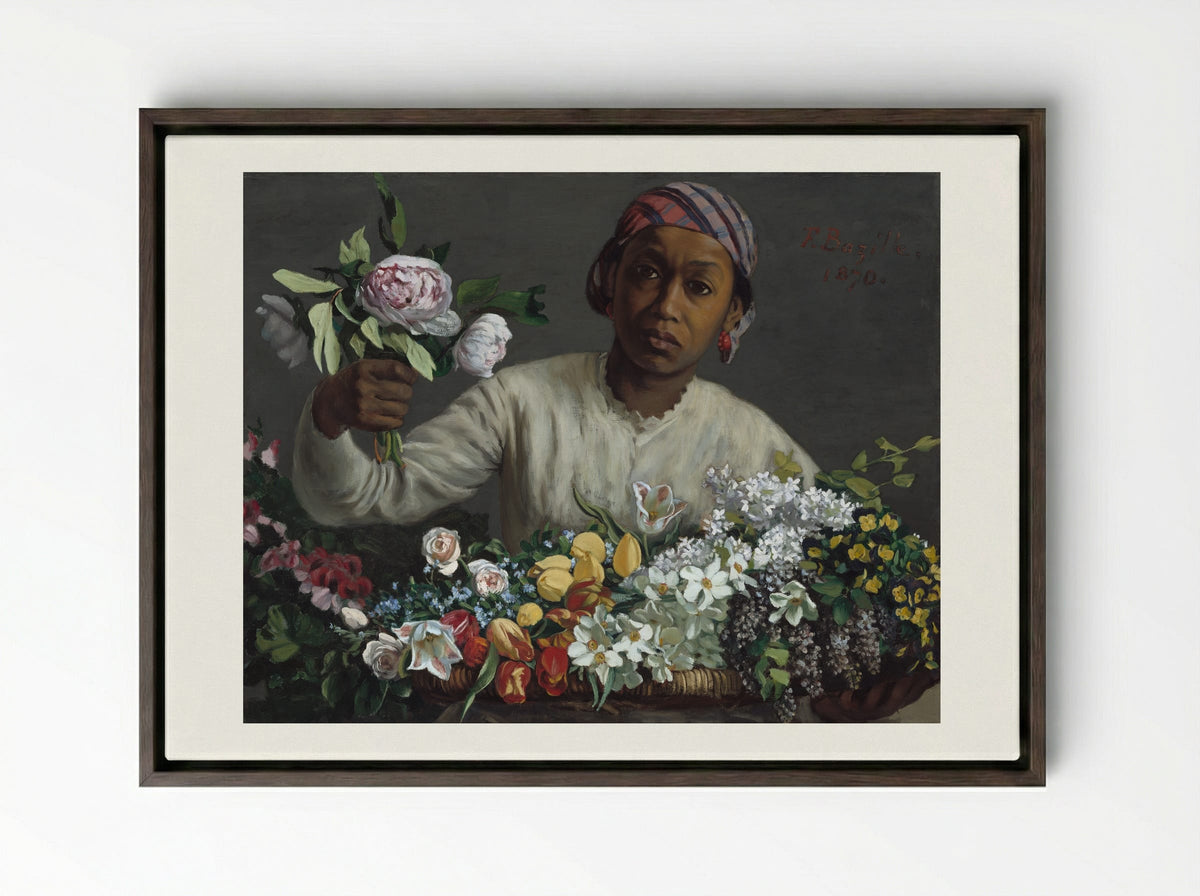 Young Woman with Peonies - Frederic Bazille - Framed Canvas Dark Wood