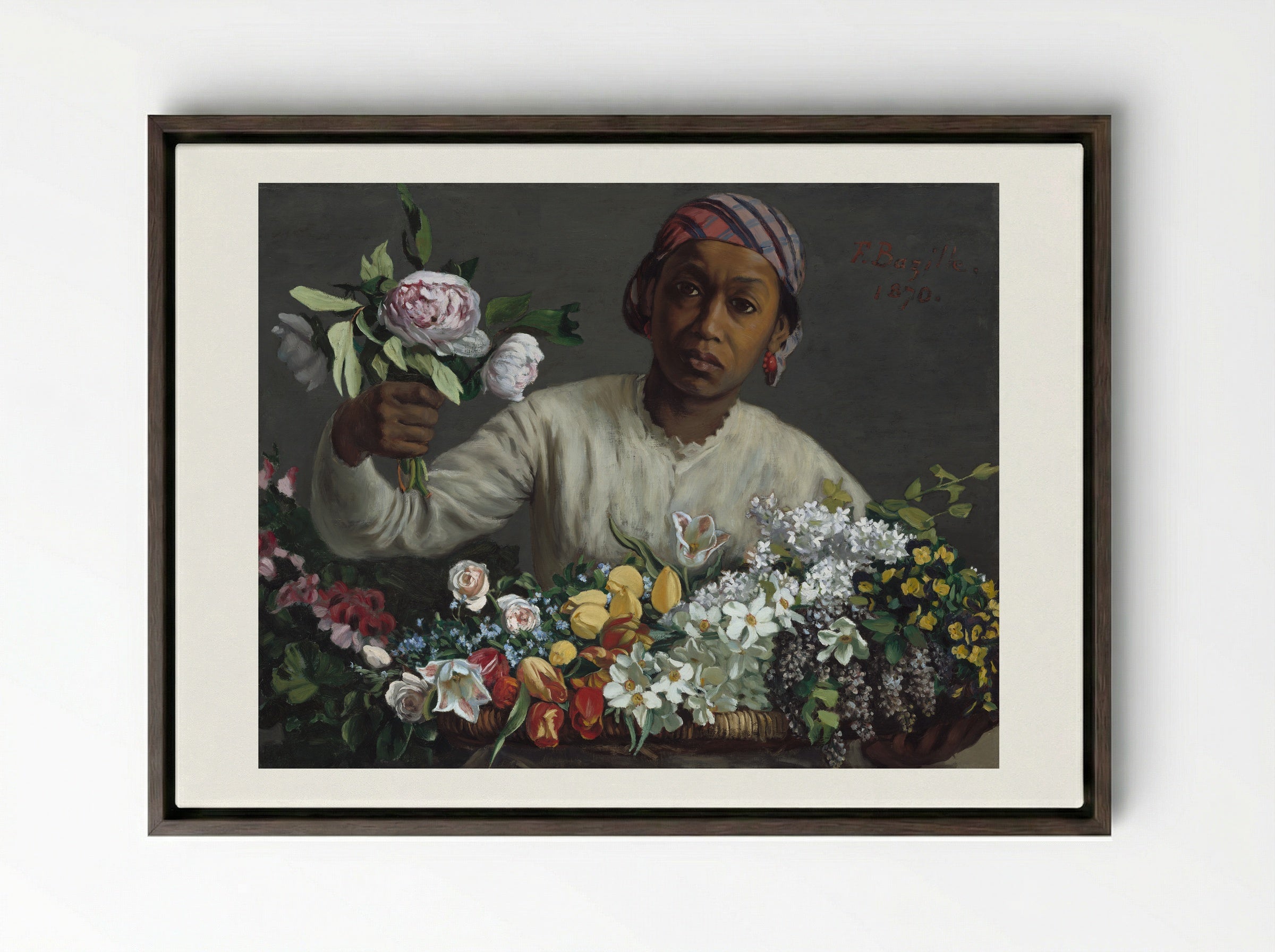 Young Woman with Peonies - Frederic Bazille - Framed Canvas Dark Wood