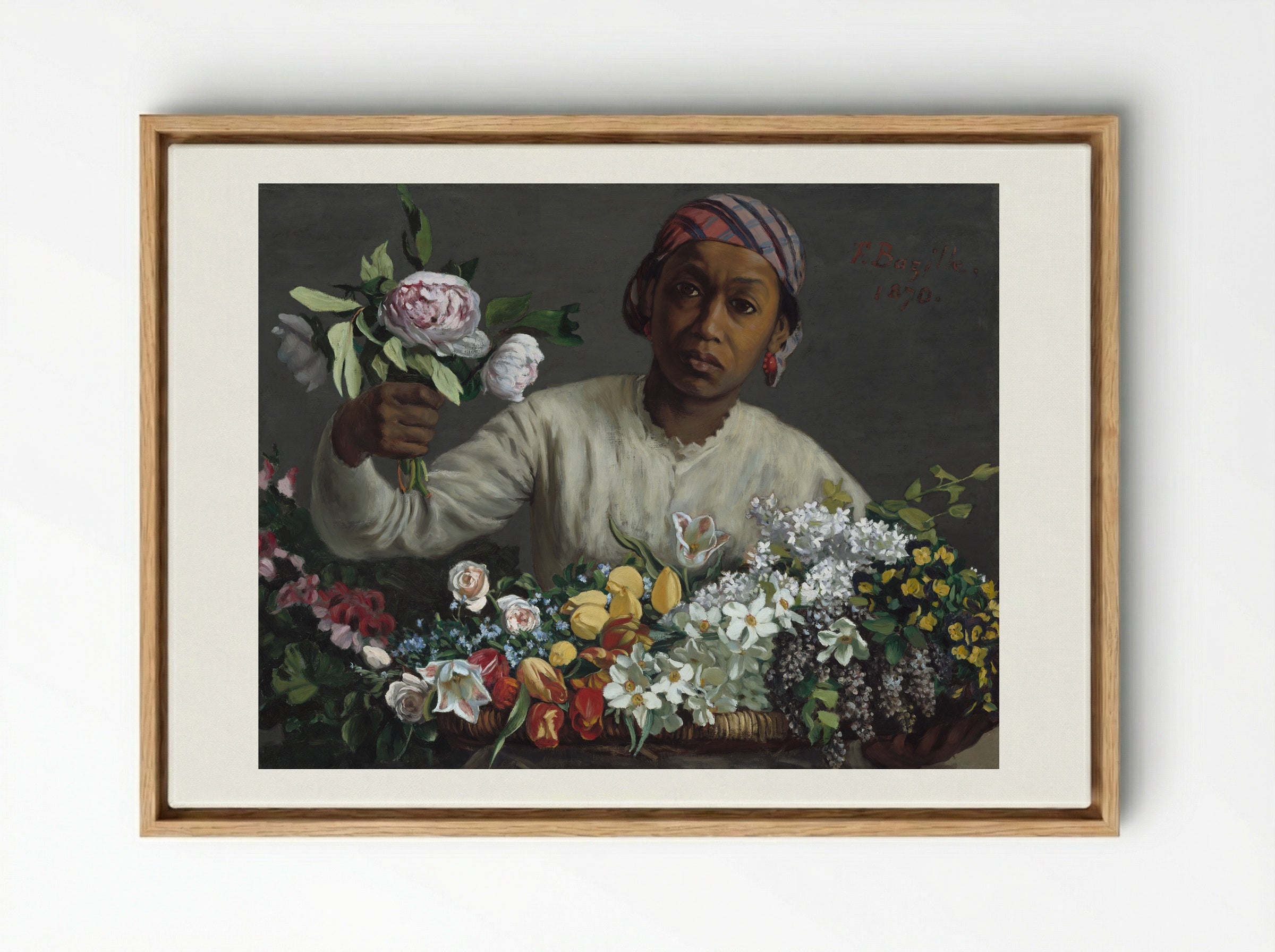 Young Woman with Peonies - Frederic Bazille - Framed Canvas Wood