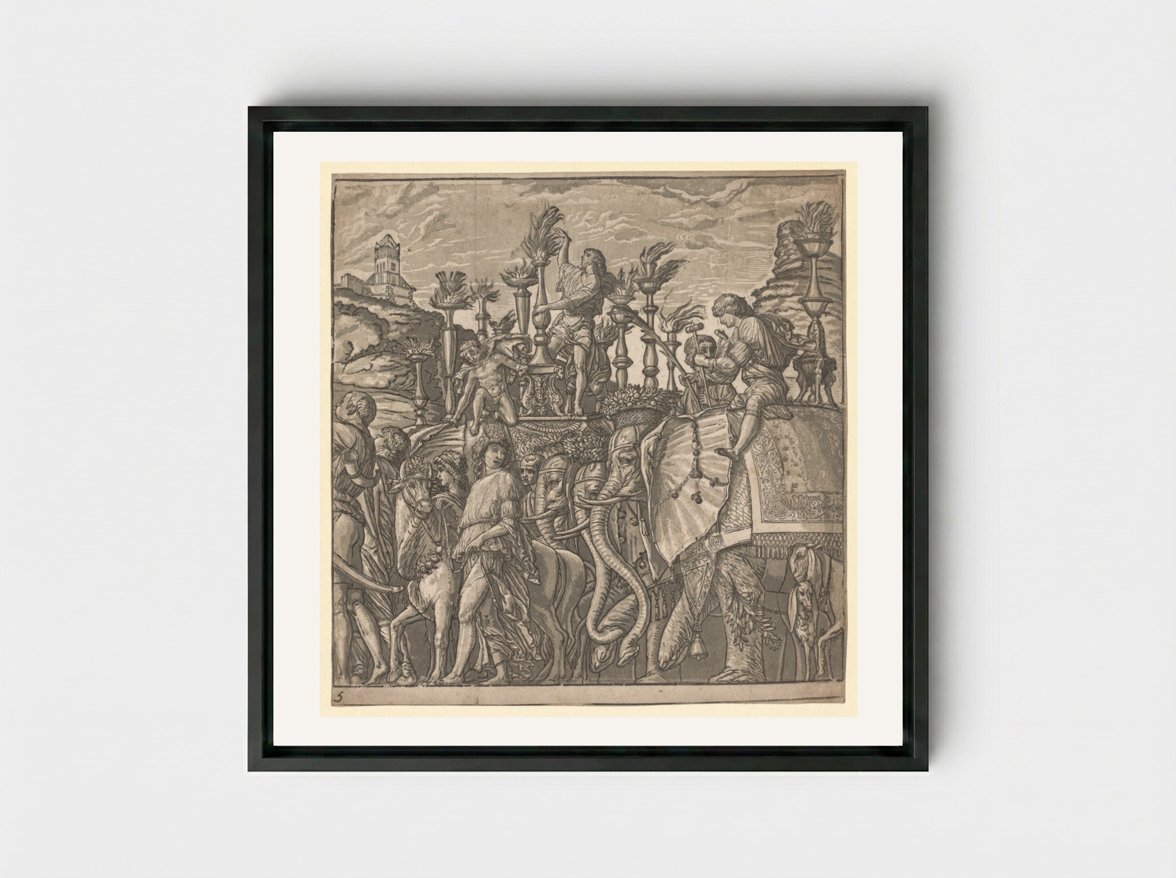 The Triumph of Julius Caesar: Elephants Carrying Torches - Andrea Andreani - Framed Canvas Black