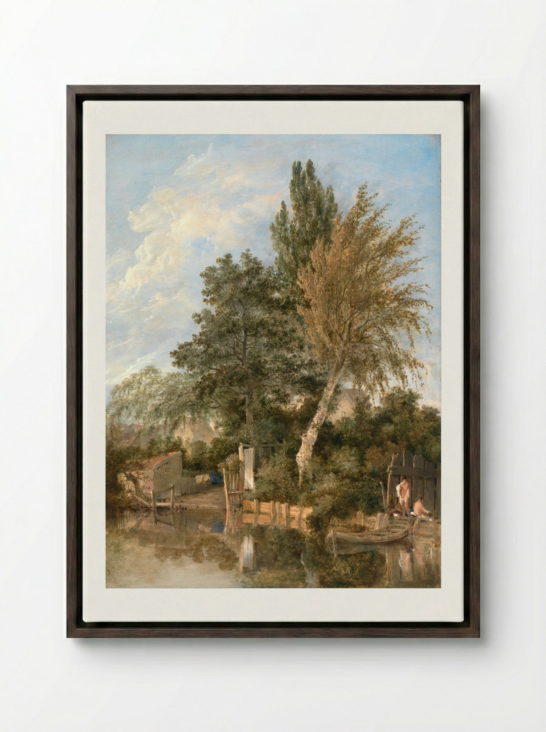 Boys Bathing on the River Wensum, Norwich - John Crome - Framed Canvas Dark Wood
