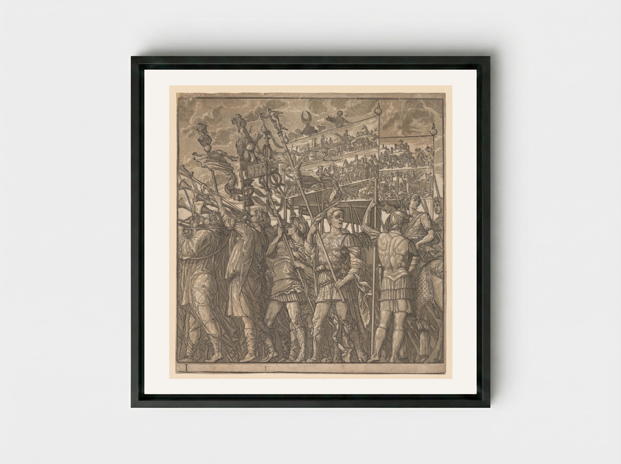 The Triumph of Julius Caesar: Soldiers Carrying the Pictures of War - Andrea Andreani - Framed Canvas Black