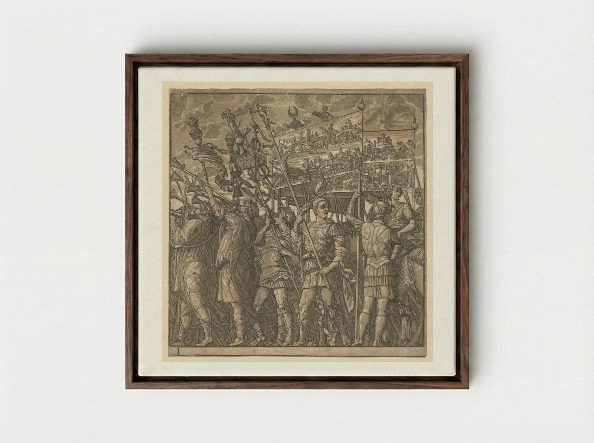 The Triumph of Julius Caesar: Soldiers Carrying the Pictures of War - Andrea Andreani - Framed Canvas Dark Wood