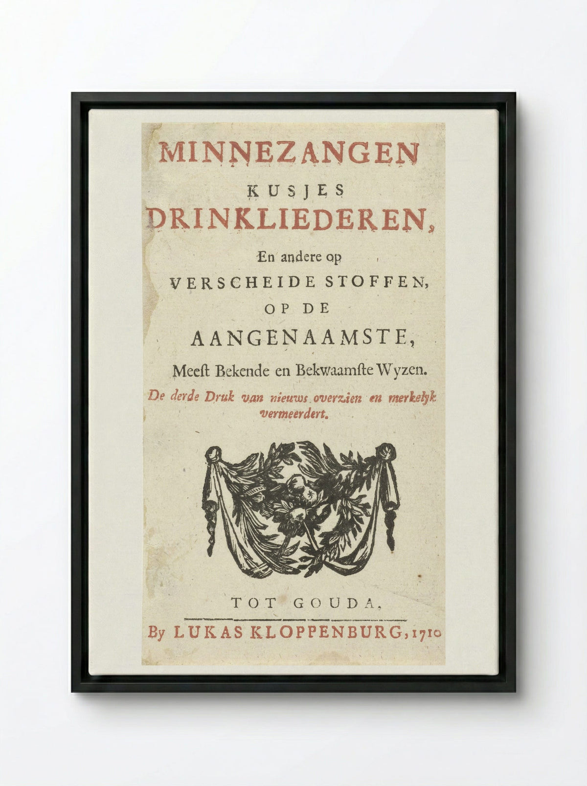 Title Page for Minnezangen, Kusjes, Drinkliederen - Arnold Houbraken - Framed Canvas Black