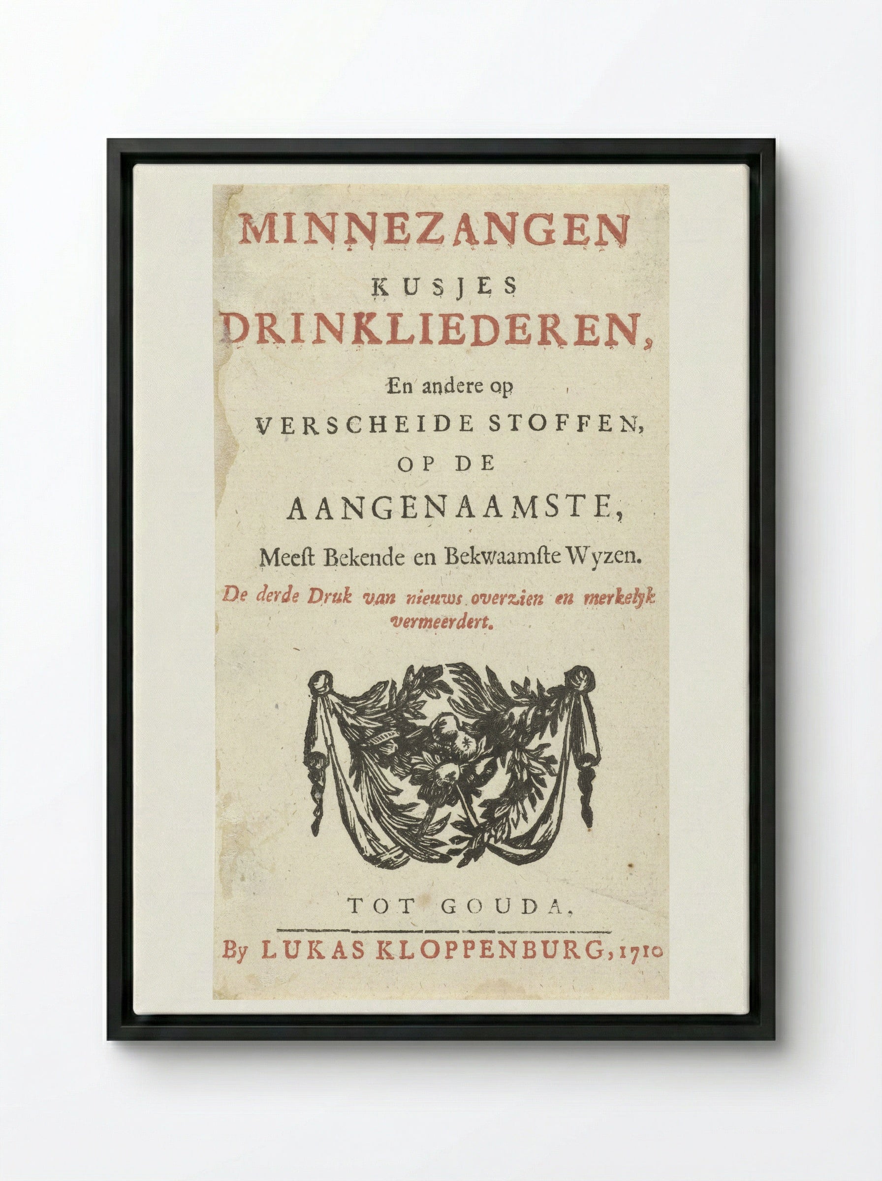 Title Page for Minnezangen, Kusjes, Drinkliederen - Arnold Houbraken - Framed Canvas Black