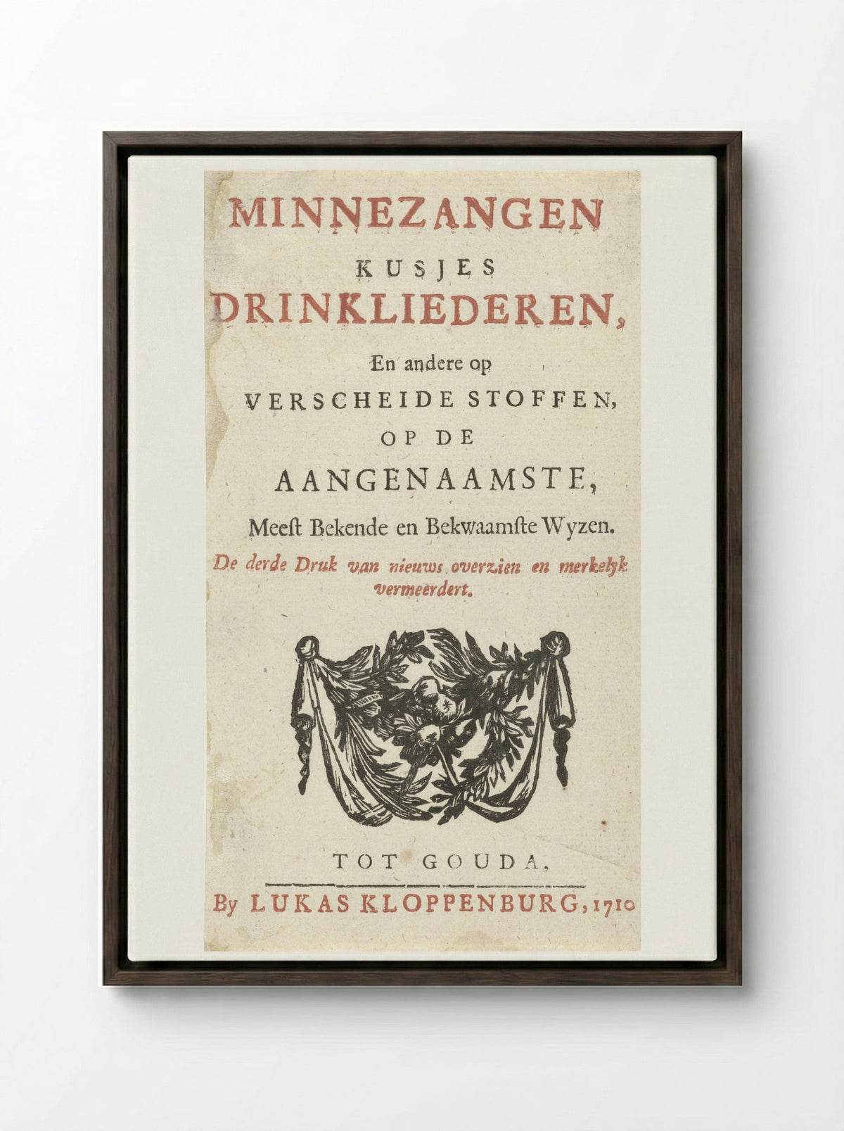 Title Page for Minnezangen, Kusjes, Drinkliederen - Arnold Houbraken - Framed Canvas Dark Wood