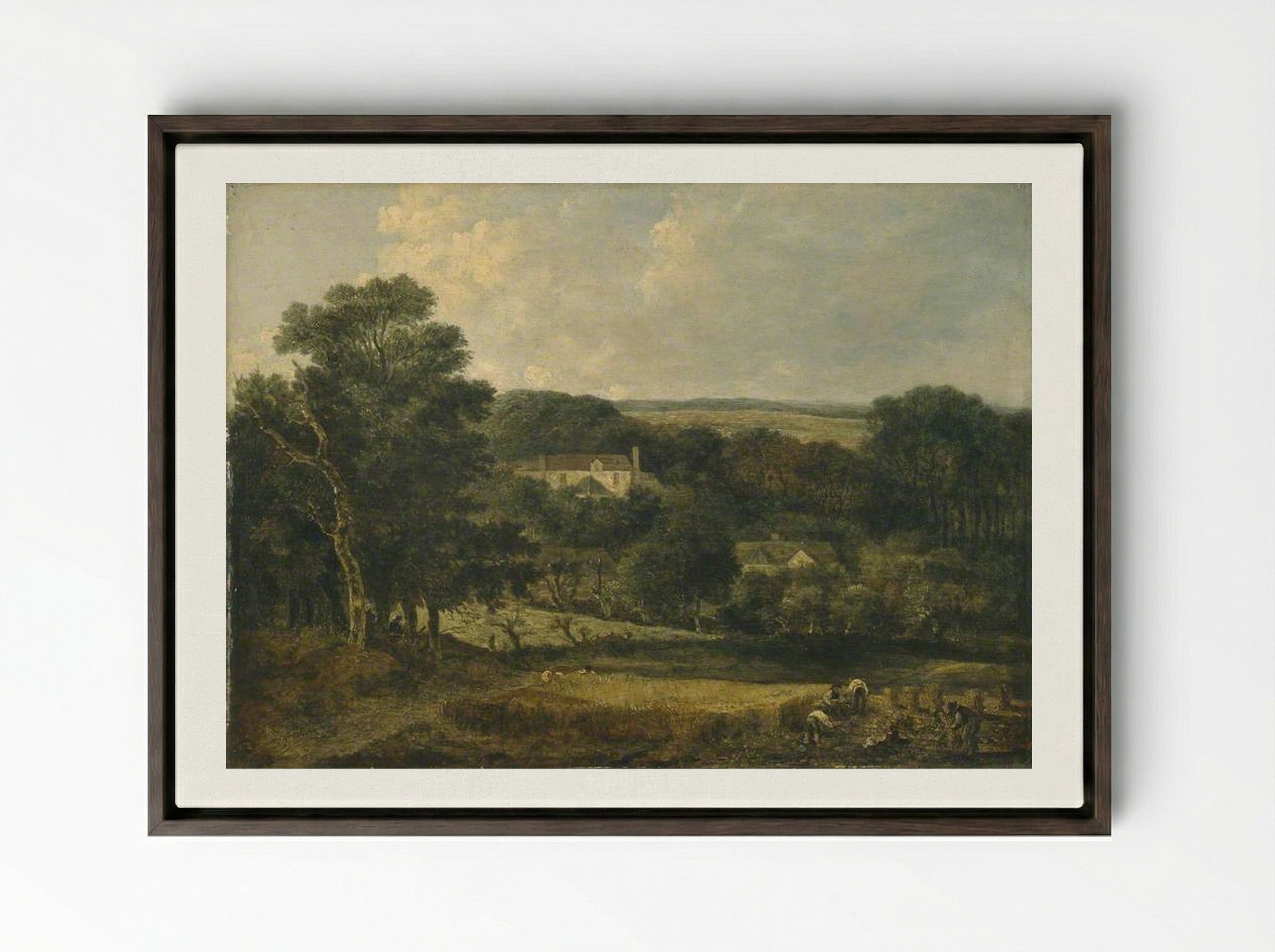 View near Norwich with Harvesters - John Crome - Framed Canvas Dark Wood