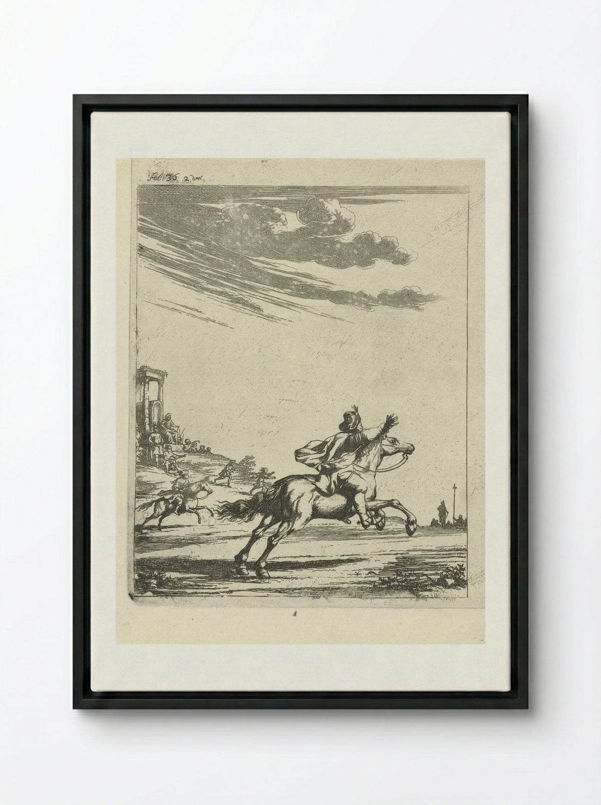 Ruiters in een landschap - Arnold Houbraken - Framed Canvas Black