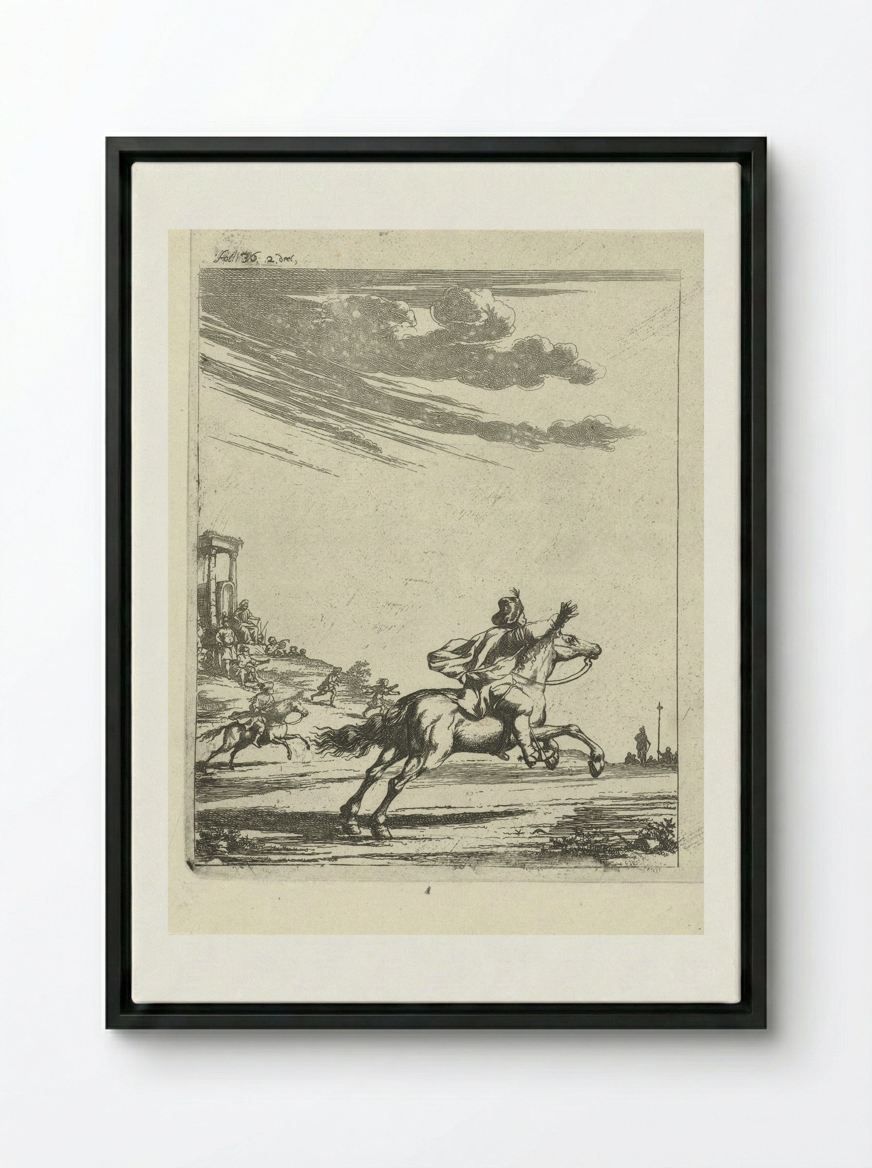 Ruiters in een landschap - Arnold Houbraken - Framed Canvas Black