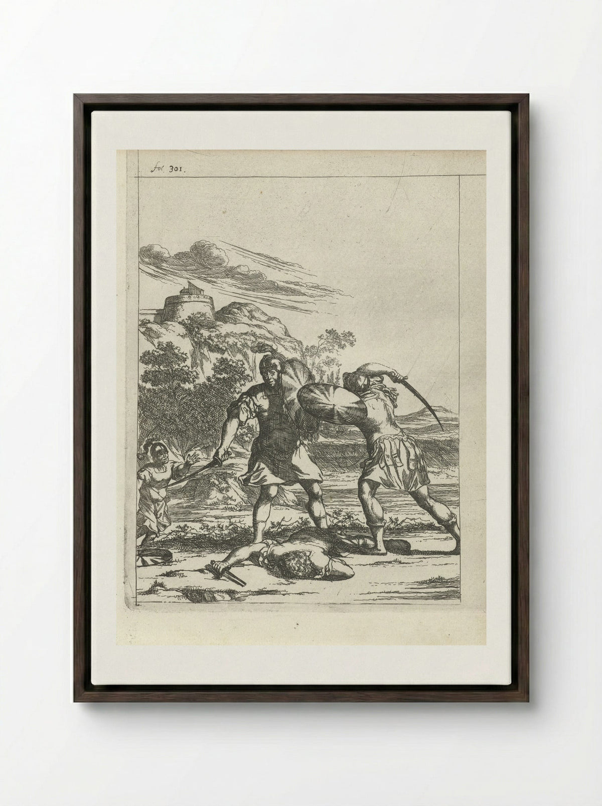 Attilus wordt door een zoon van zijn krijgsman gedood - Arnold Houbraken - Framed Canvas Dark Wood