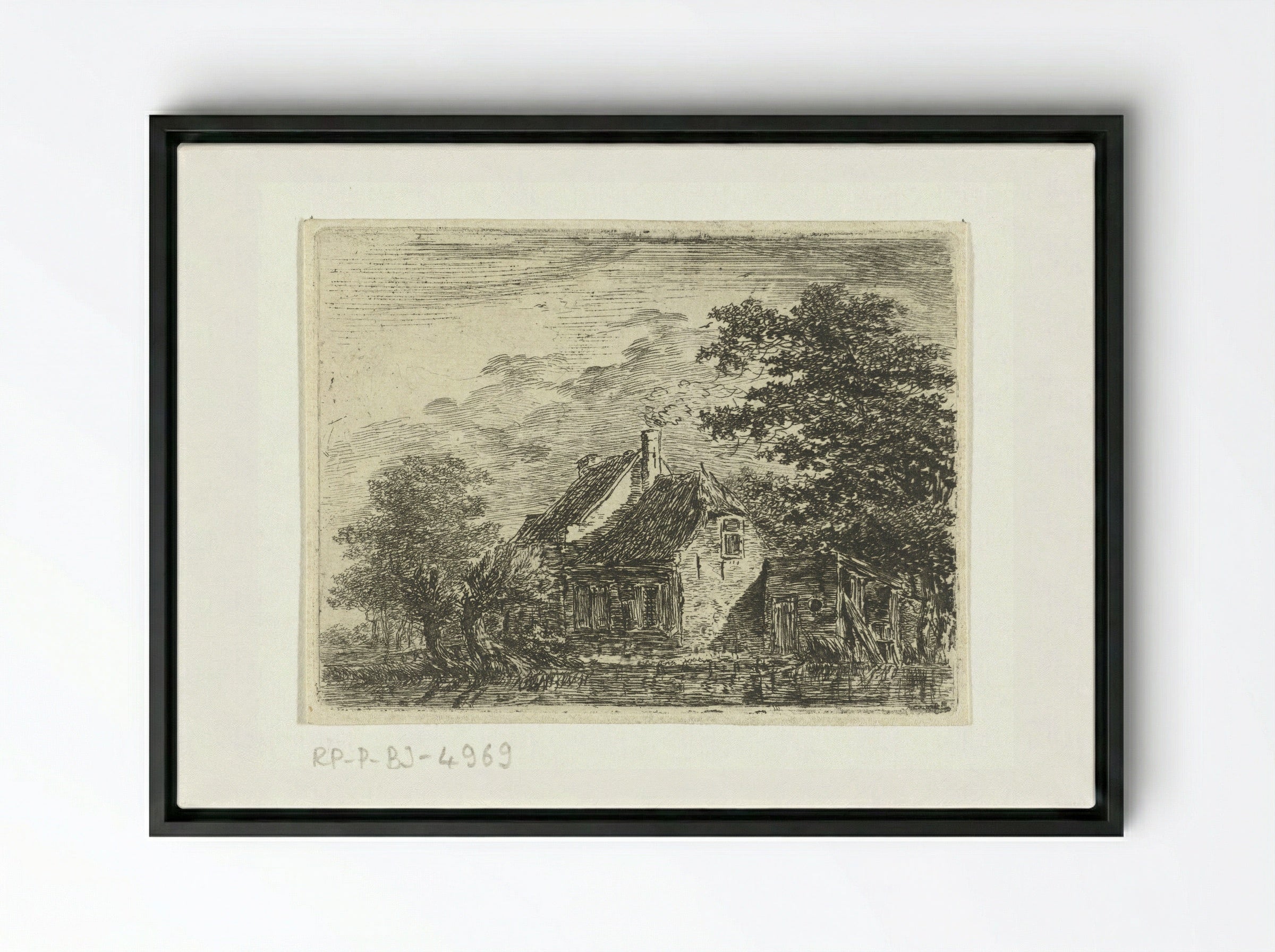 Boerderij aan een vaart (Farmhouse by a Canal) - Hermanus van Brussel - Framed Canvas Black