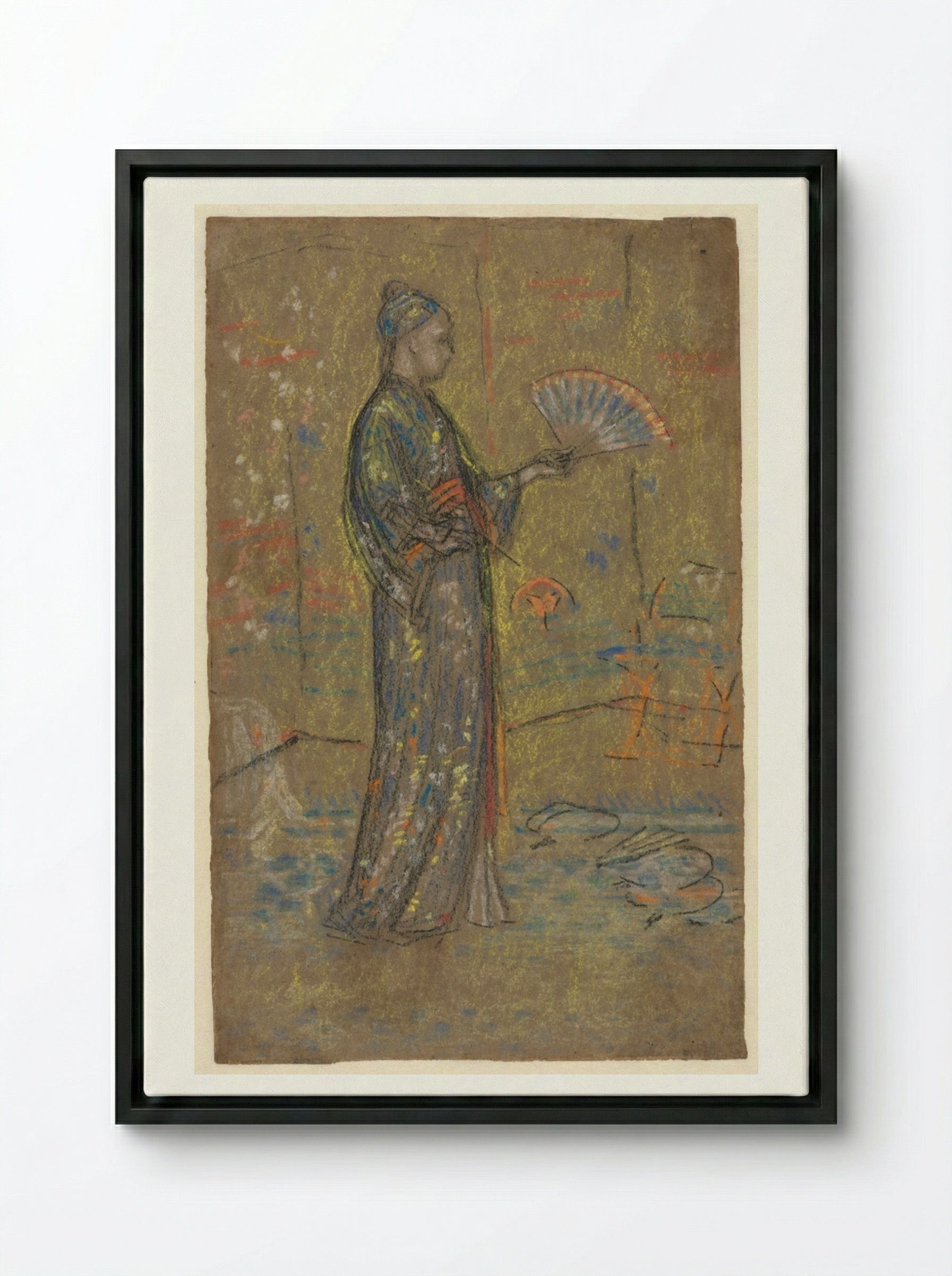 Japanese Woman Painting a Fan (recto) - James McNeill Whistler - Framed Canvas Black