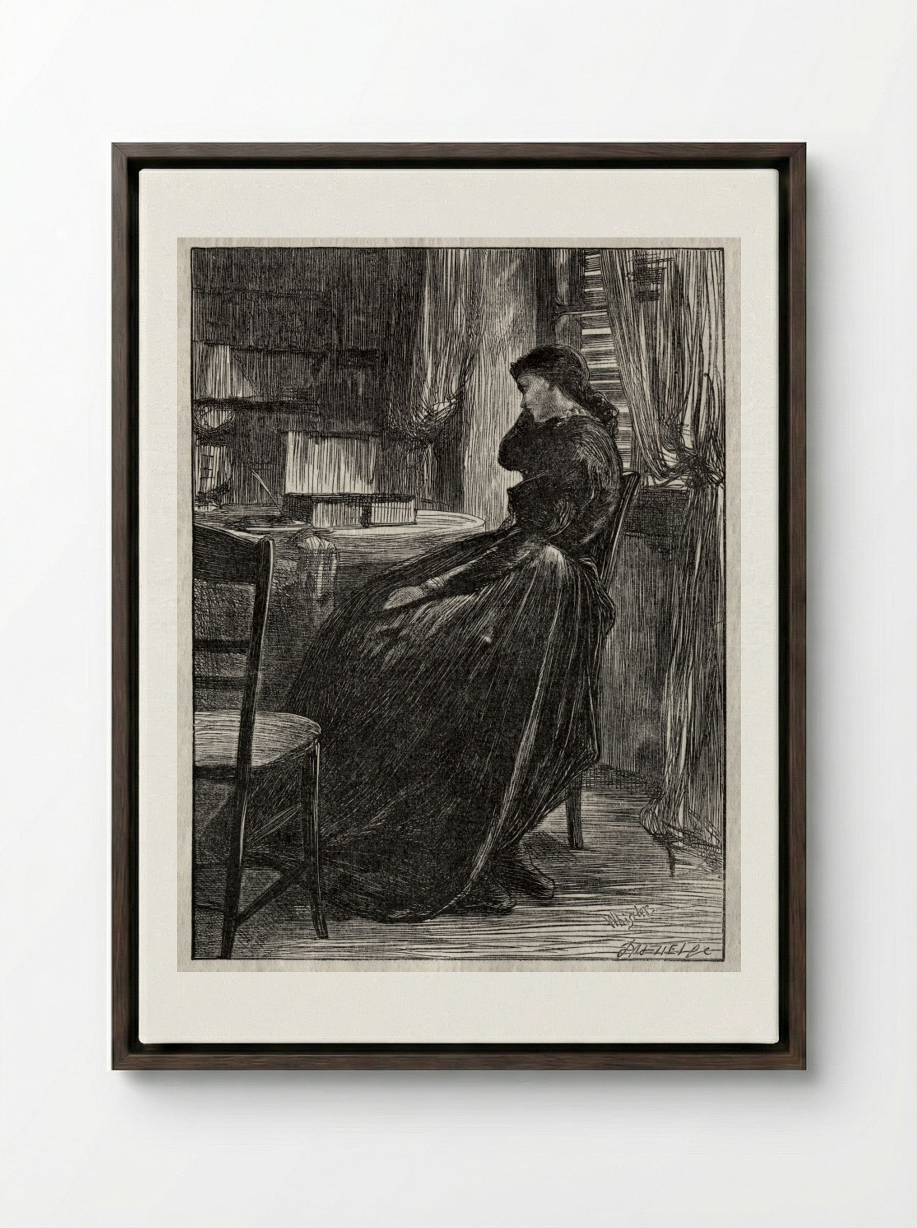 The Trial Sermon, Joanna Douglas at Her Desk - James McNeill Whistler - Framed Canvas Dark Wood