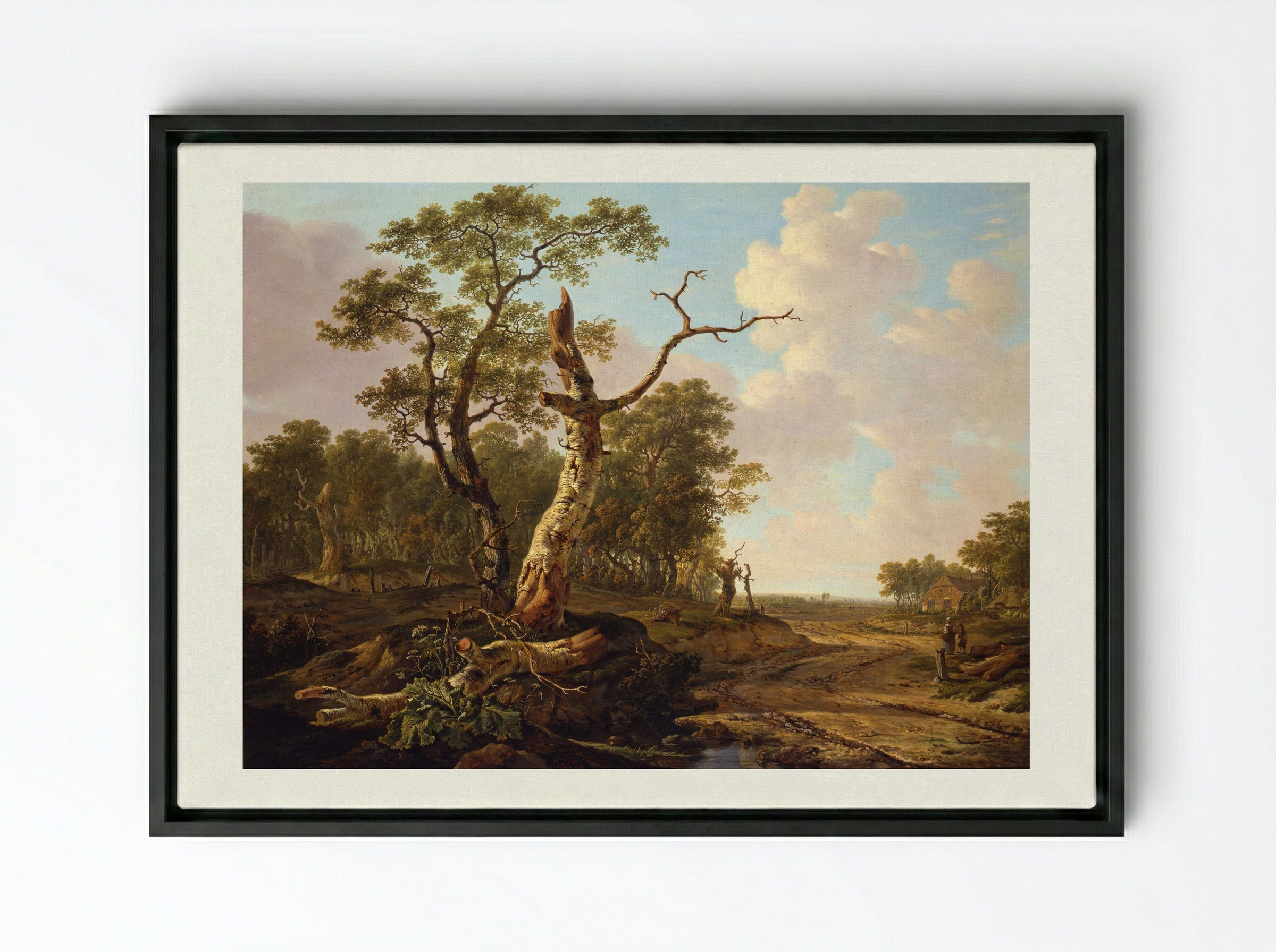 Landschap met landlieden bij hun vee en hengelaars op het water - Jacob van Strij - Framed Canvas Black