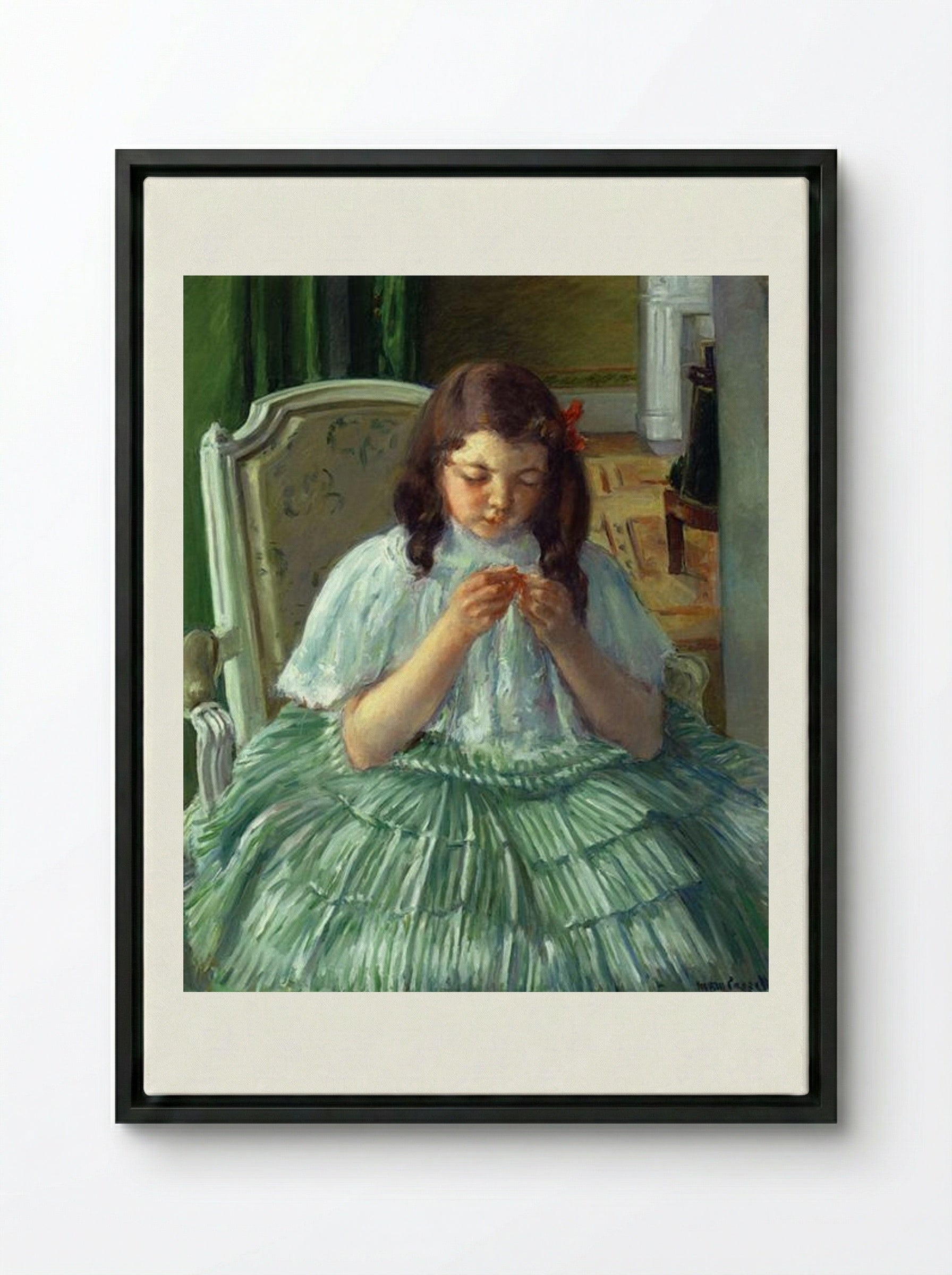 Françoise in Green, Sewing - Mary Cassatt - Framed Canvas Black