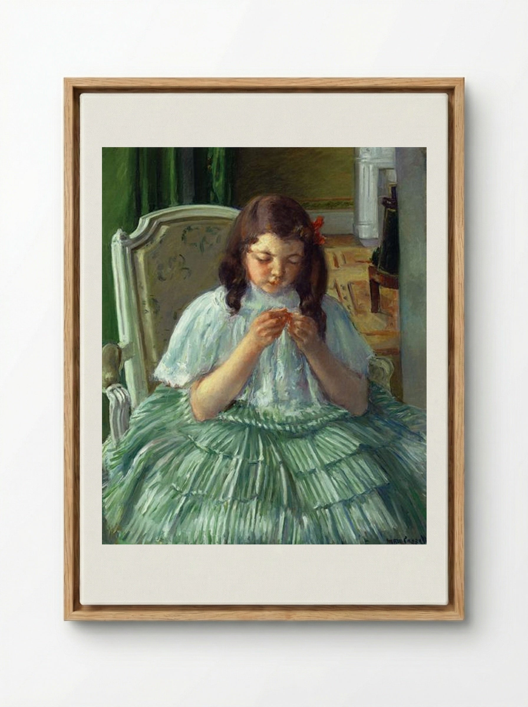 Françoise in Green, Sewing - Mary Cassatt - Framed Canvas Wood