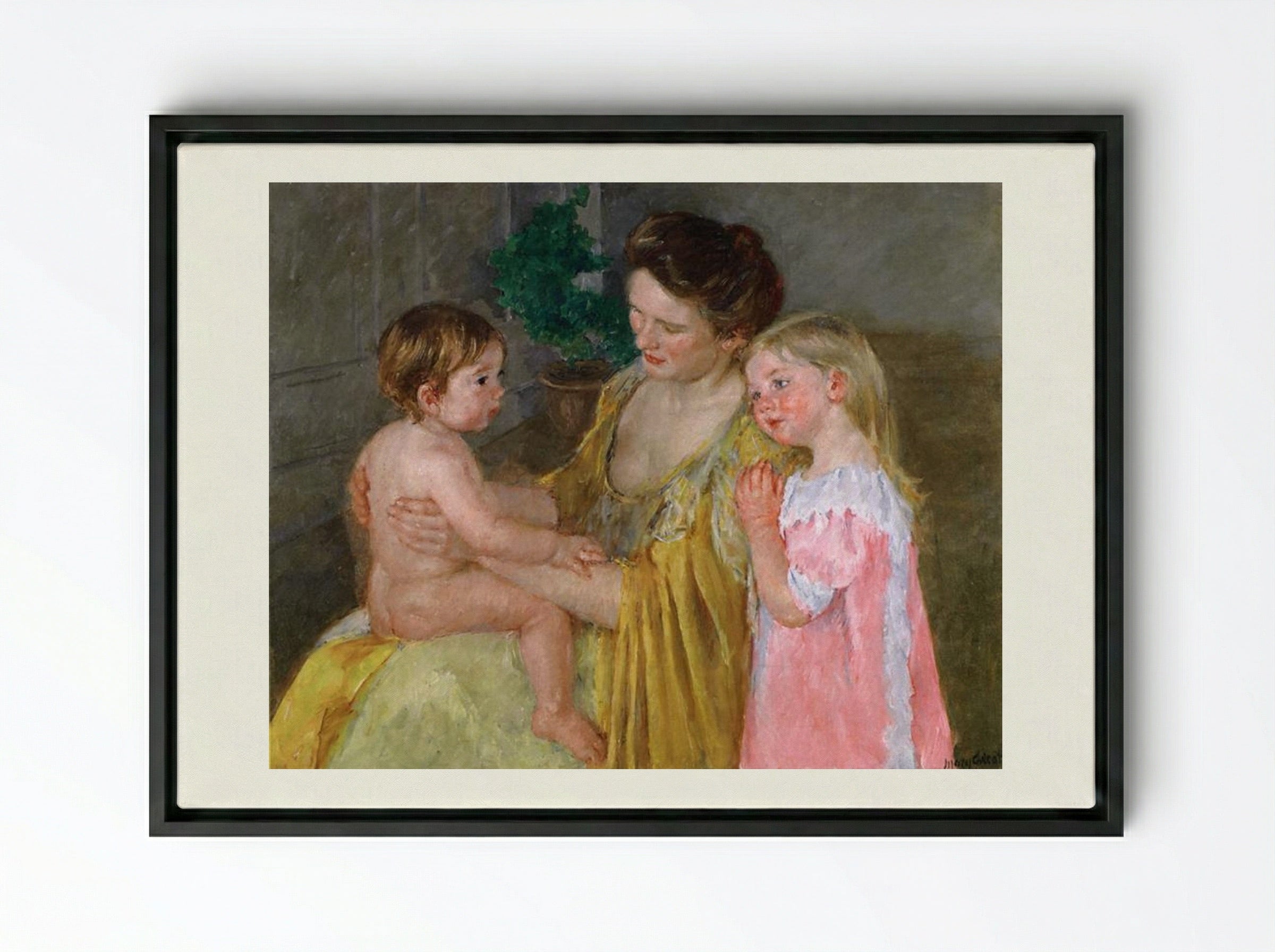 Mother and Two Children - Mary Cassatt - Framed Canvas Black
