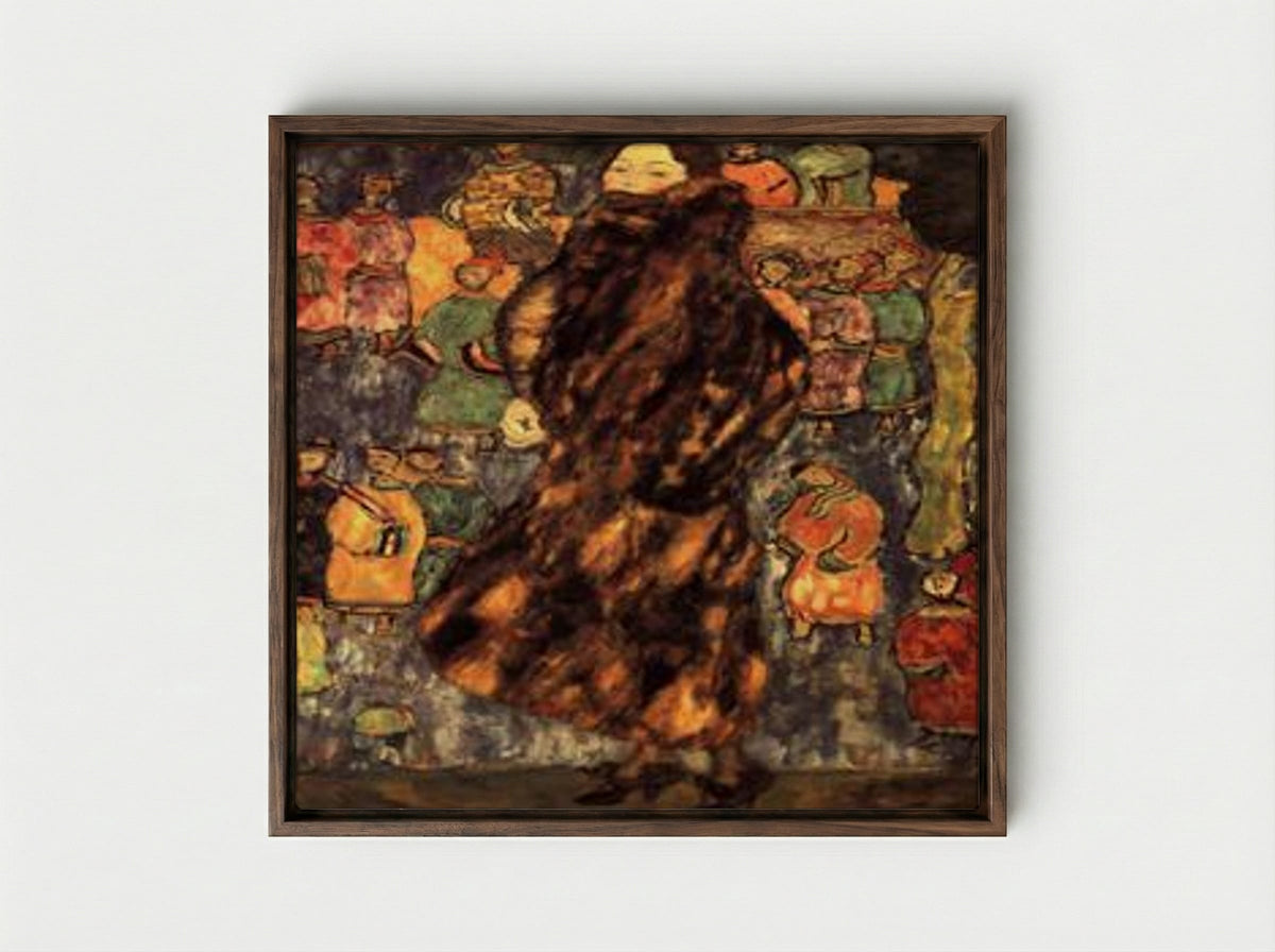 Lady with Fur Collar - Gustav Klimt - Framed Canvas Dark Wood