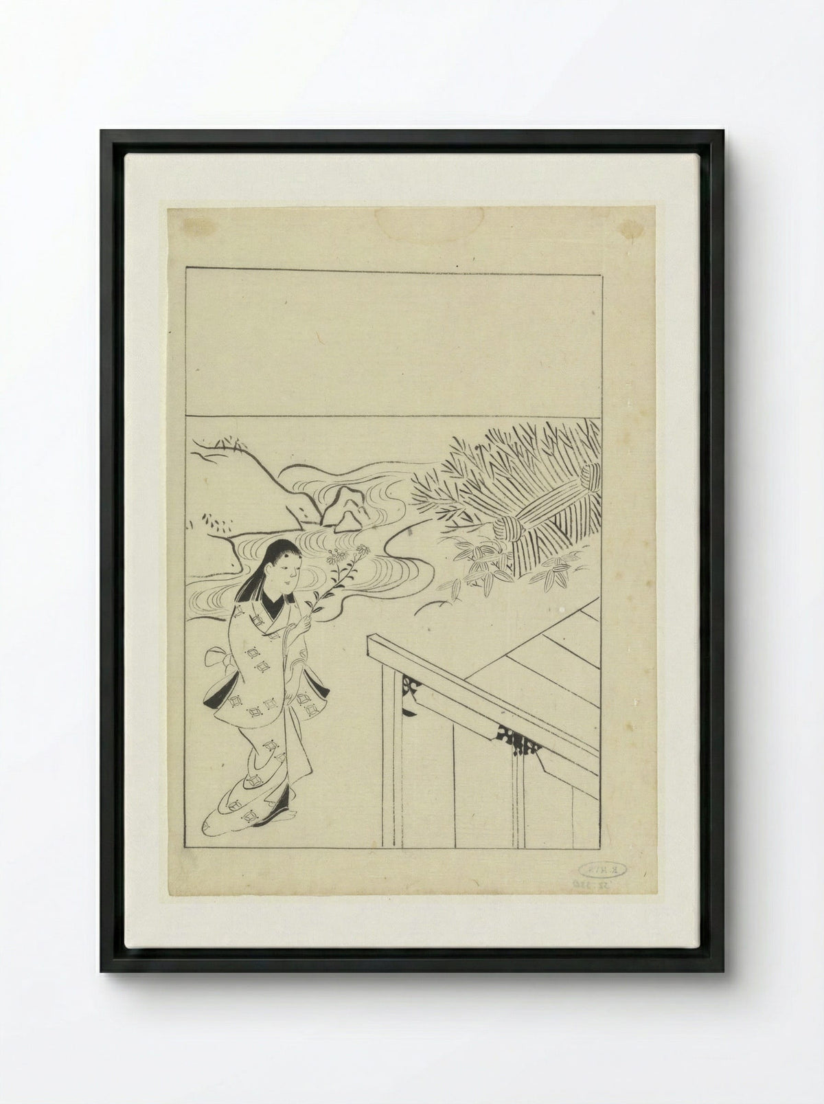 Woman with a Flowering Branch in a Garden - Hishikawa Moronobu - Framed Canvas Black
