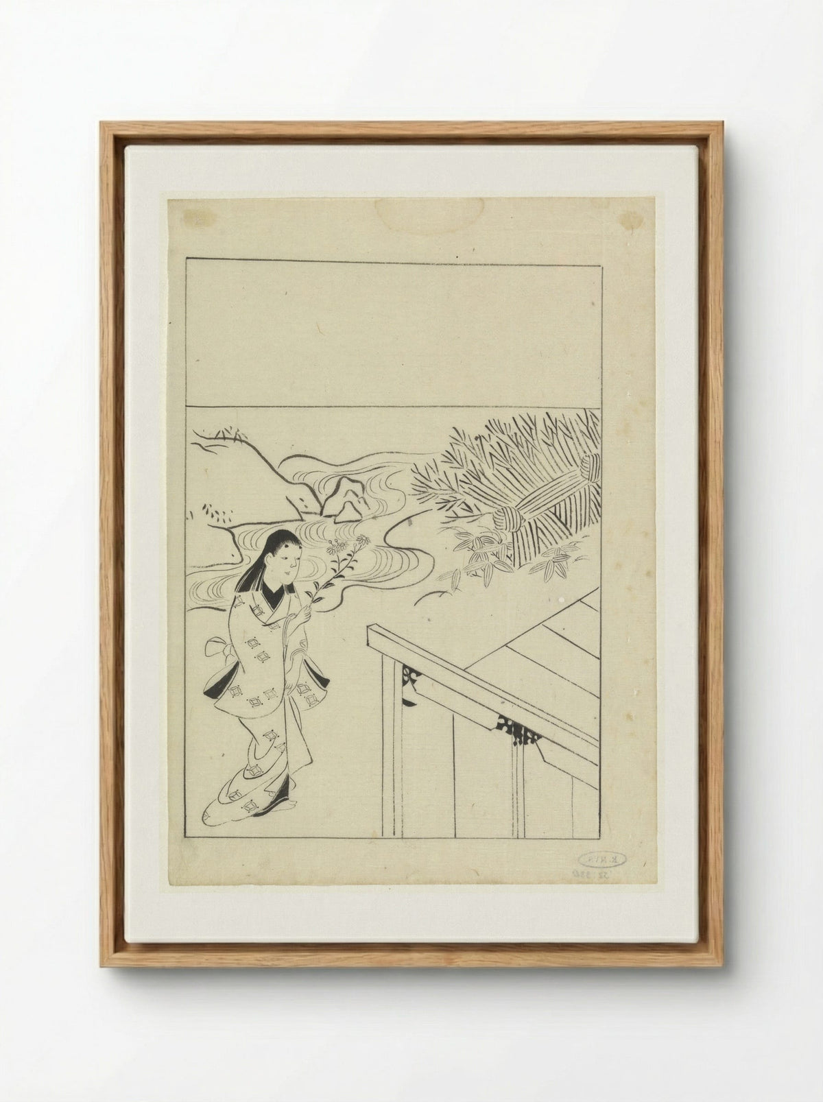 Woman with a Flowering Branch in a Garden - Hishikawa Moronobu - Framed Canvas Wood