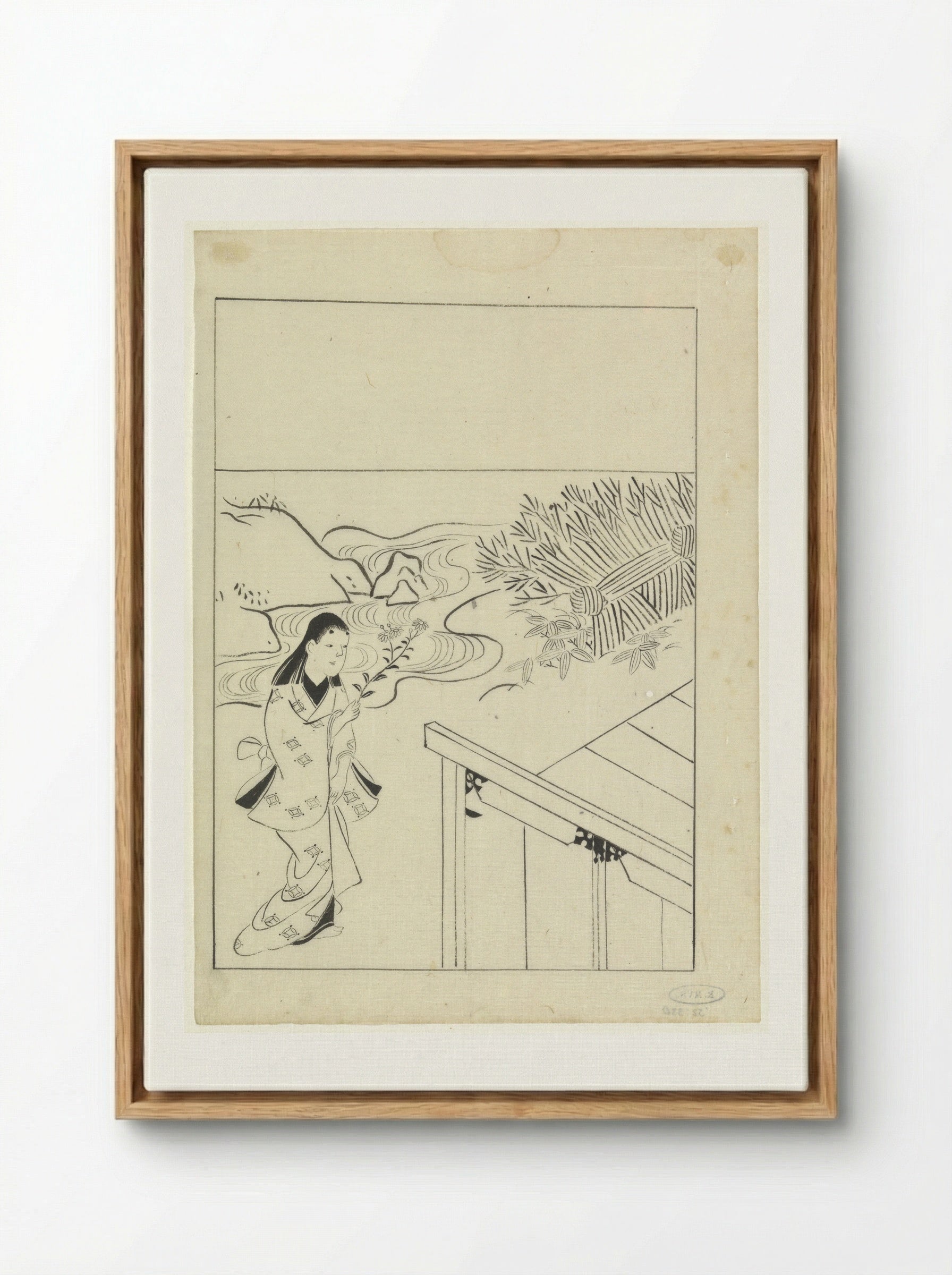 Woman with a Flowering Branch in a Garden - Hishikawa Moronobu - Framed Canvas Wood