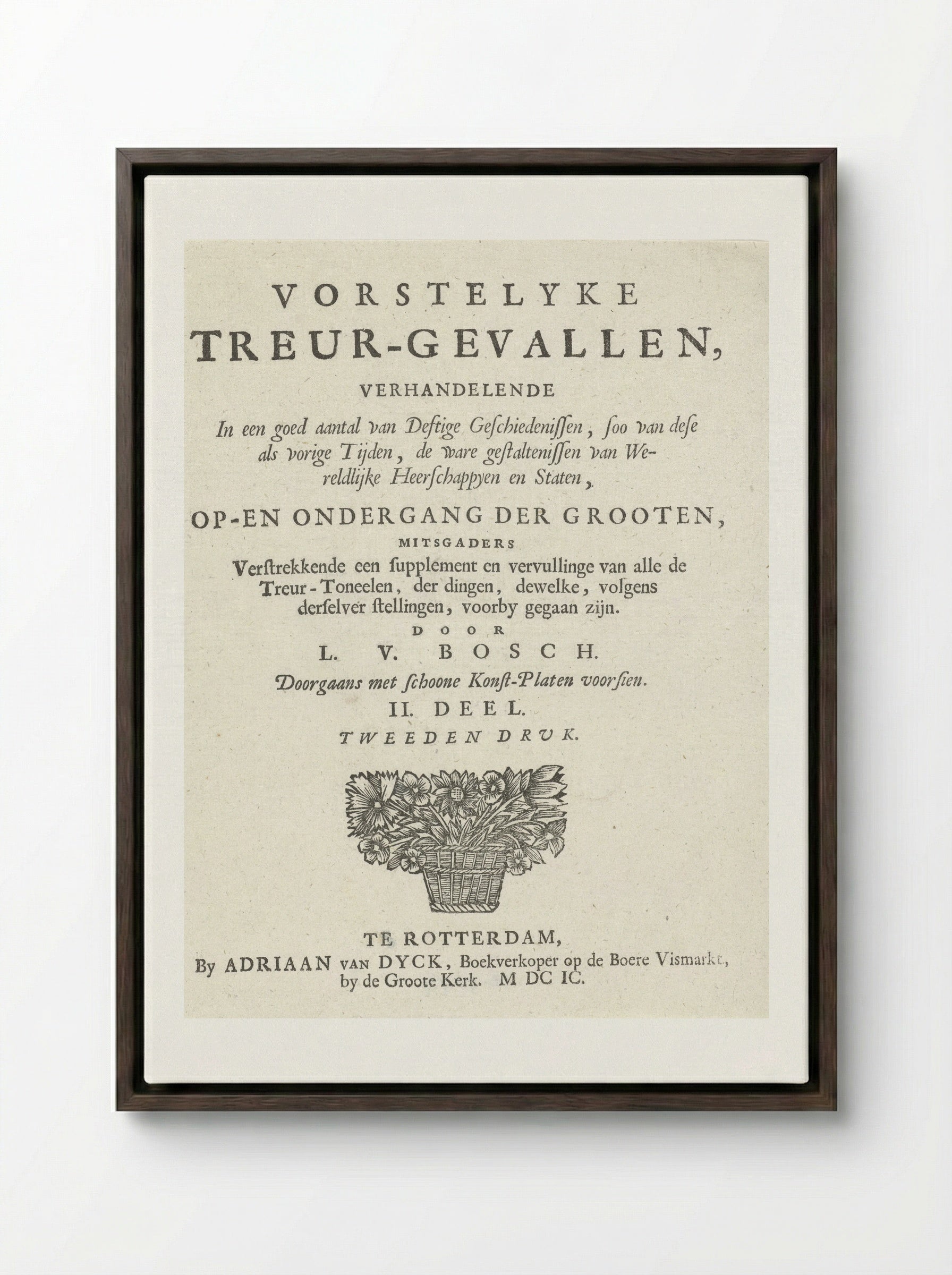 Title Page for Vorstelycke Treur-gevallen - Arnold Houbraken - Framed Canvas Dark Wood