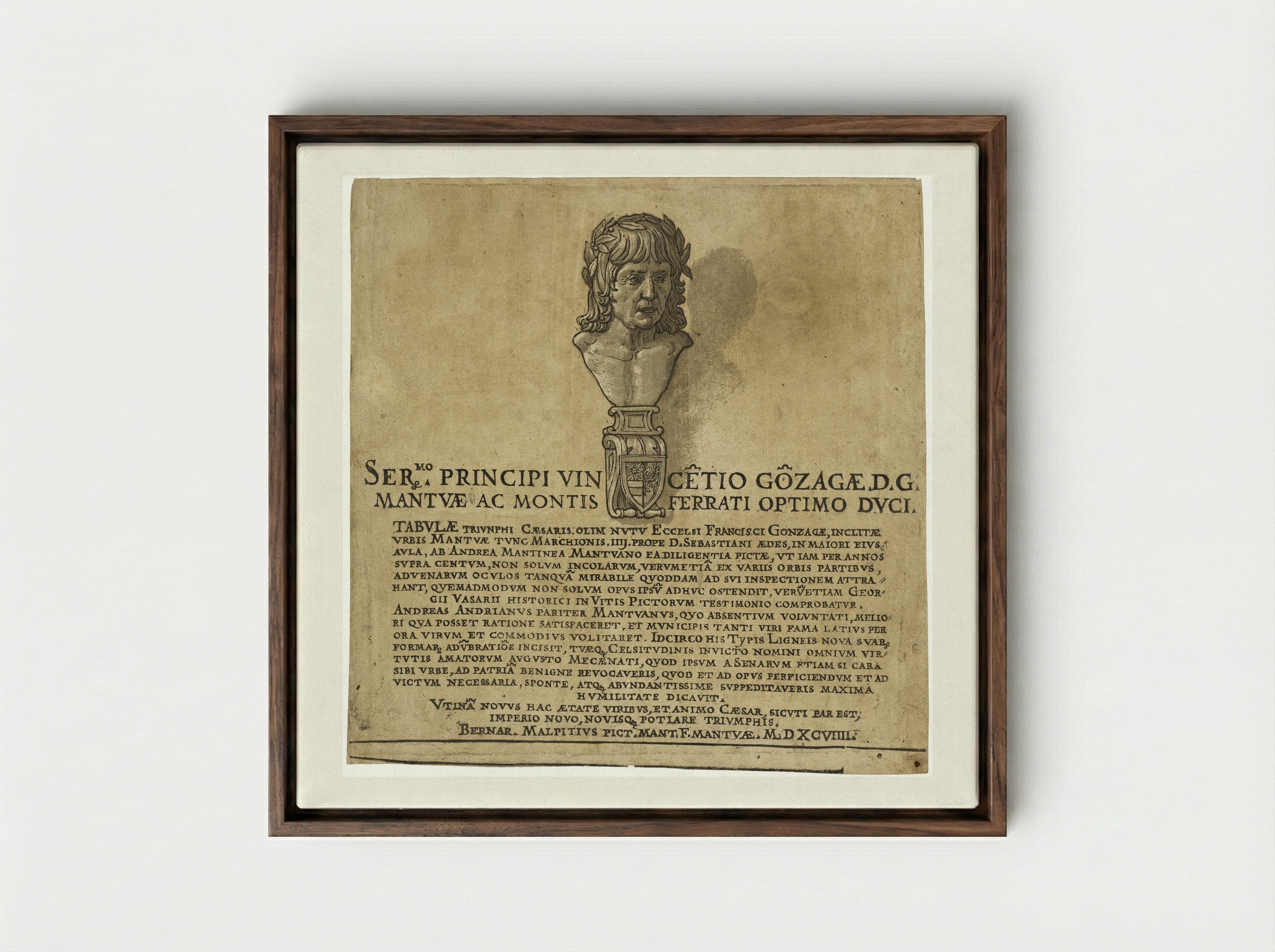 Title Page with Portrait of Andrea Mantegna - Andrea Andreani - Framed Canvas Dark Wood