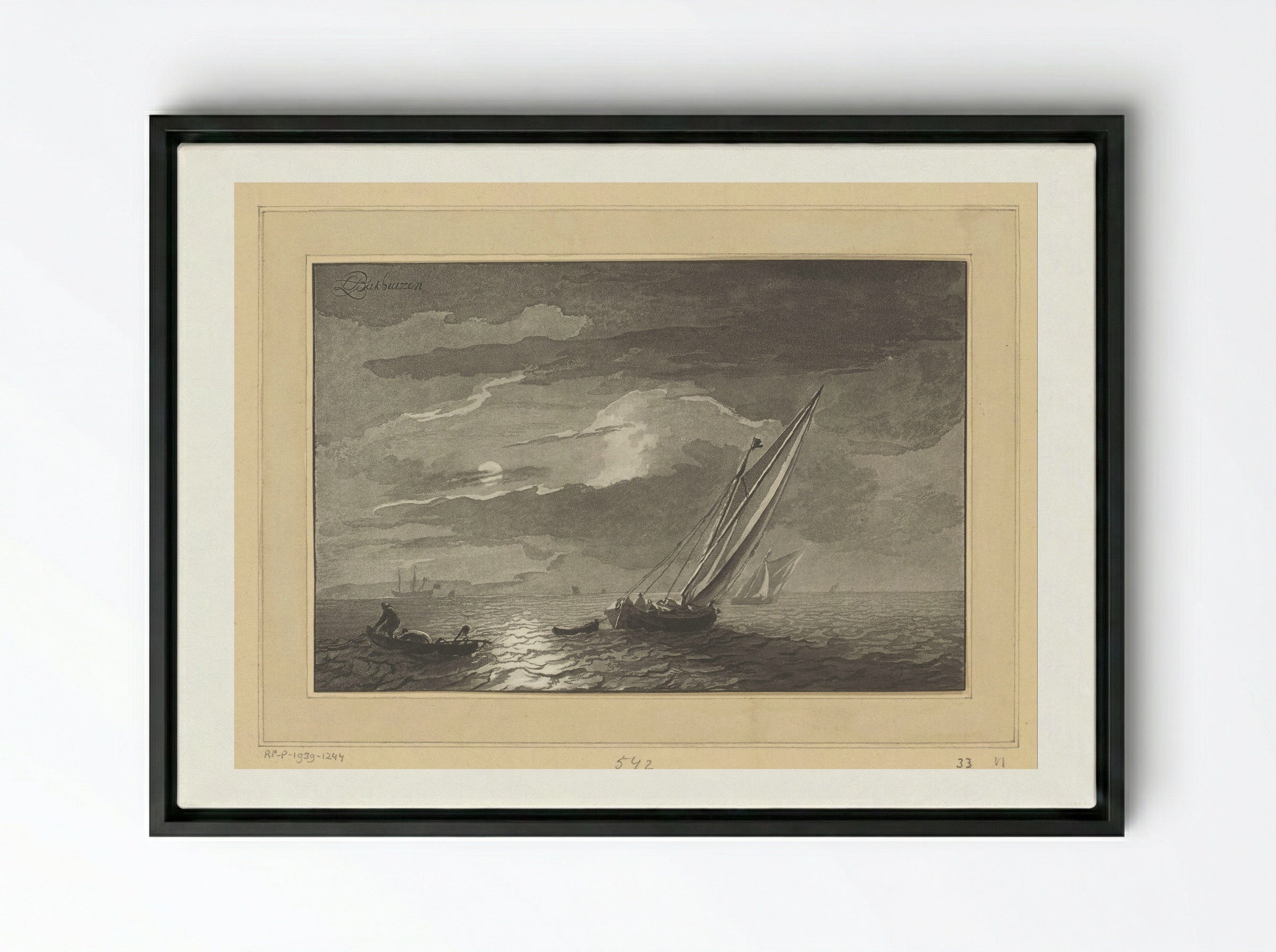 Zeegezicht met volle maan - Cornelis Brouwer - Framed Canvas Black