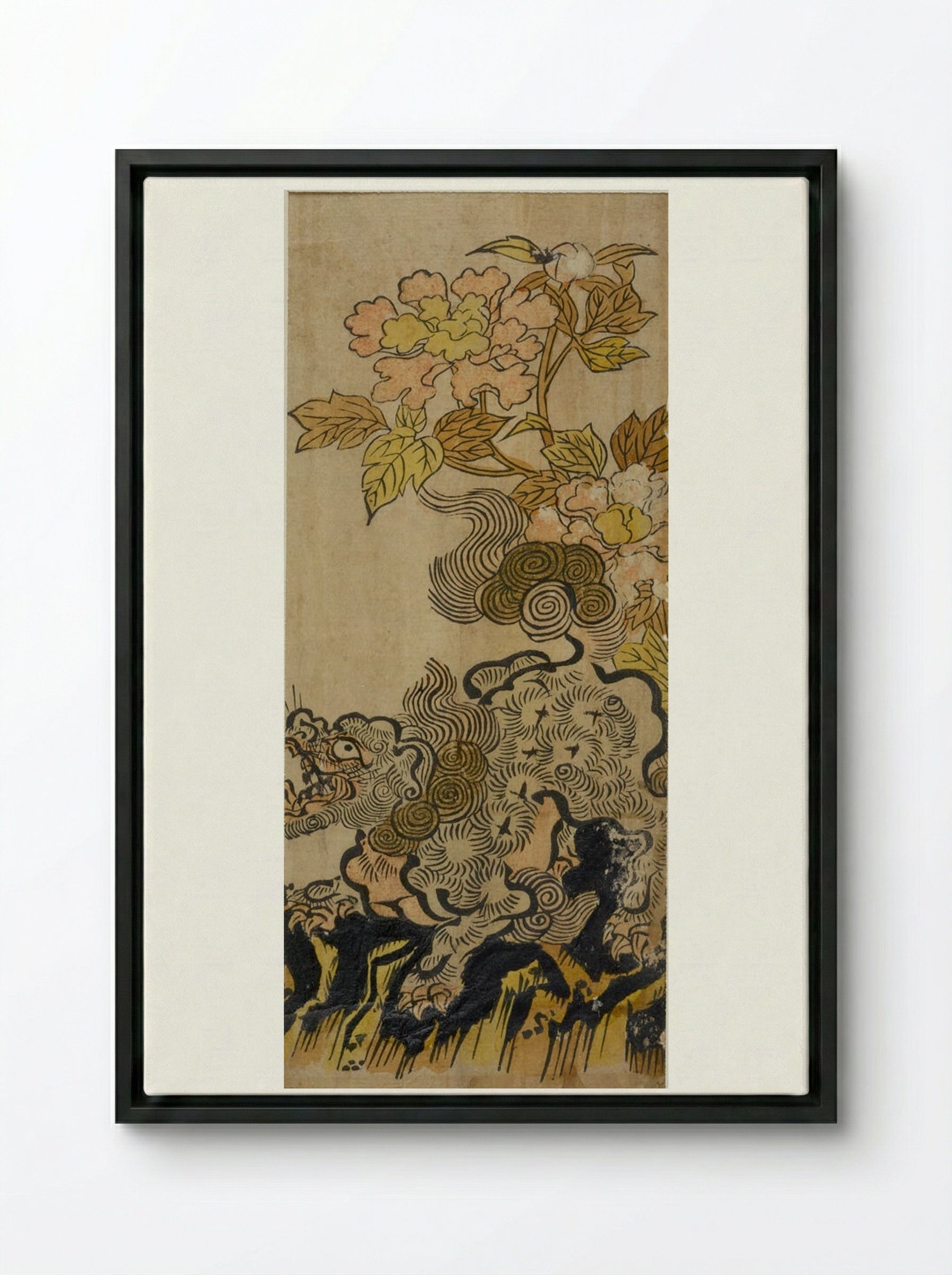 Lion and Peonies - Okumura Masanobu - Framed Canvas Black