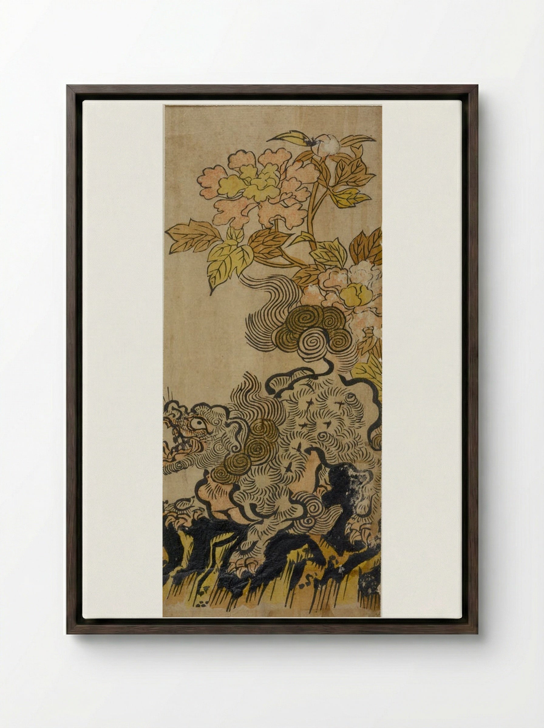 Lion and Peonies - Okumura Masanobu - Framed Canvas Dark Wood