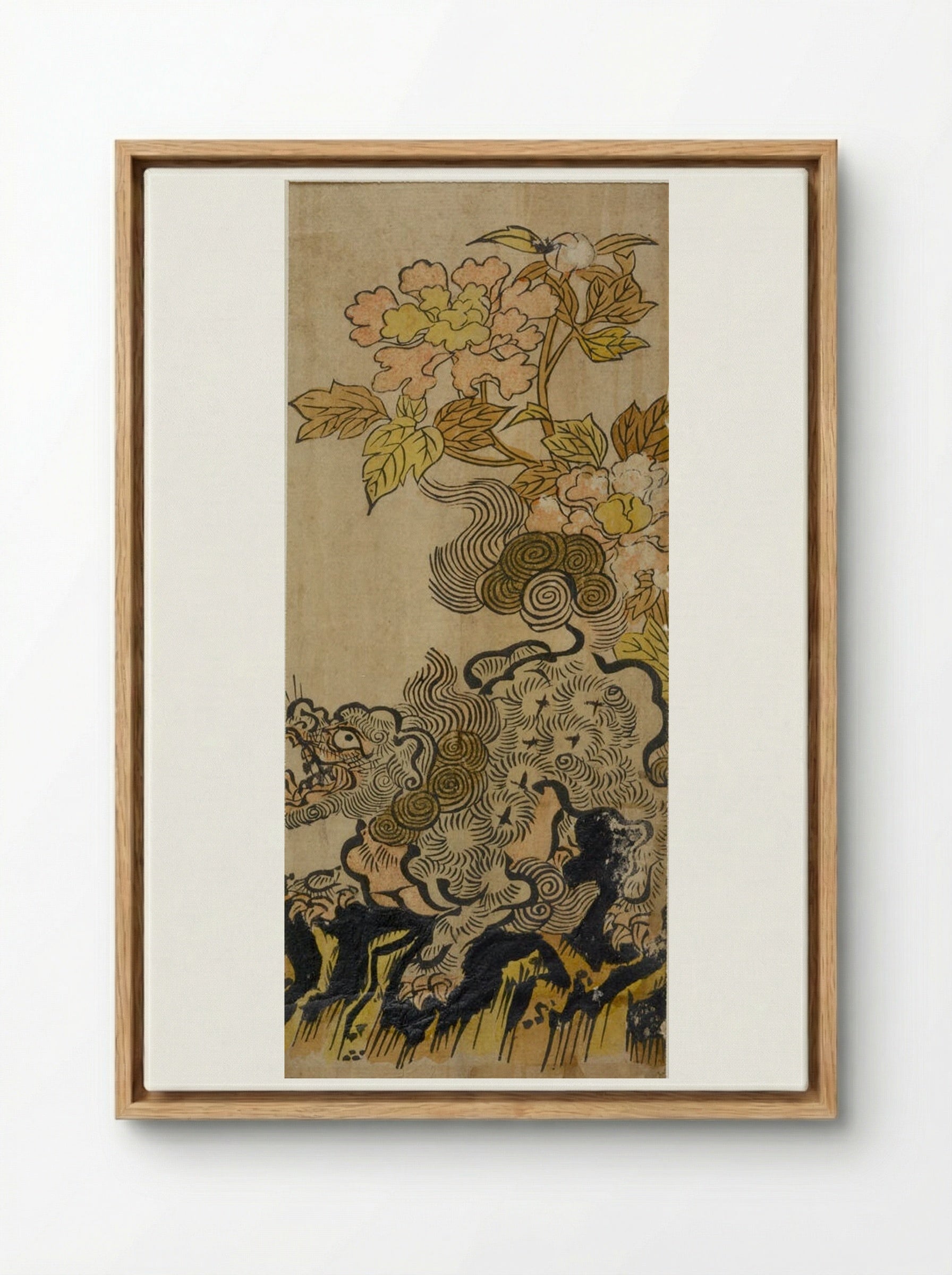 Lion and Peonies - Okumura Masanobu - Framed Canvas Wood