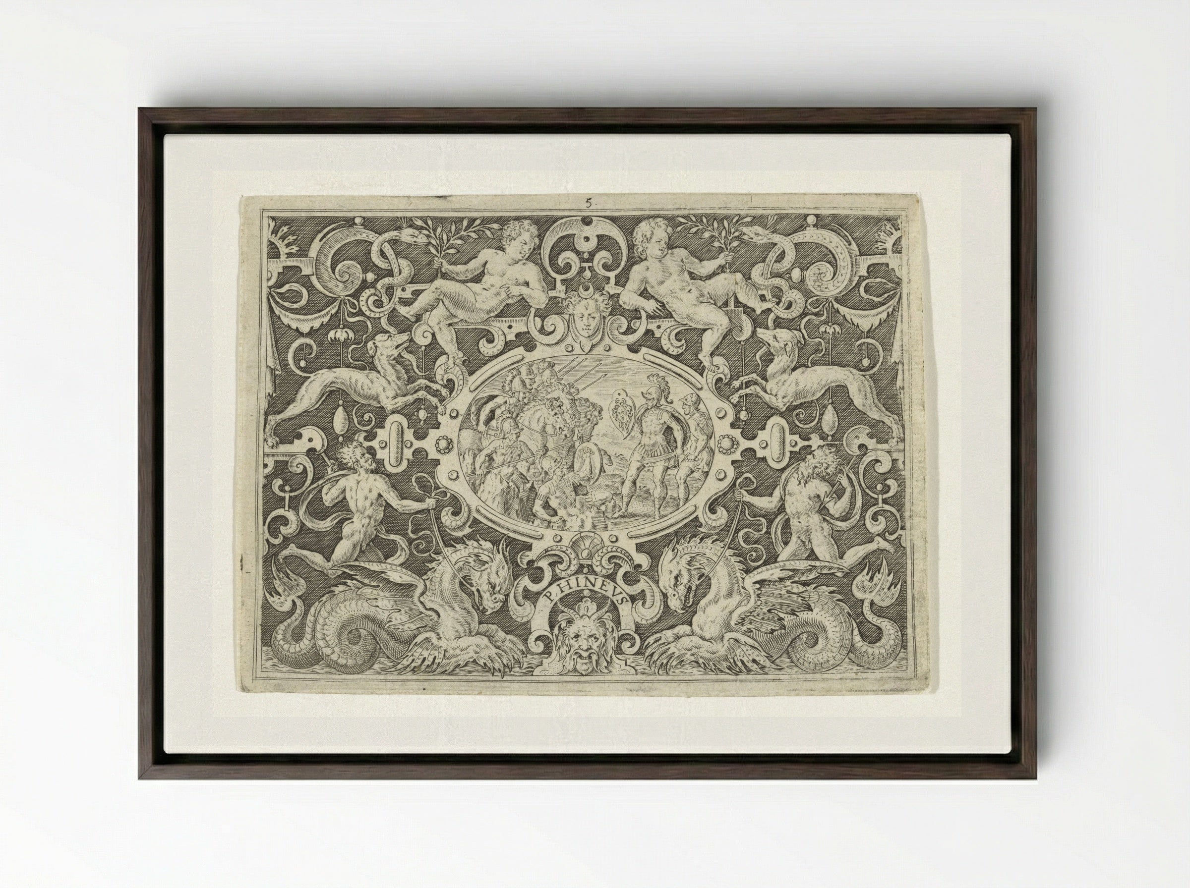 Cartouche: Perseus toont zijn Medusaschild aan Phineus - Abraham de Bruyn - Framed Canvas Dark Wood
