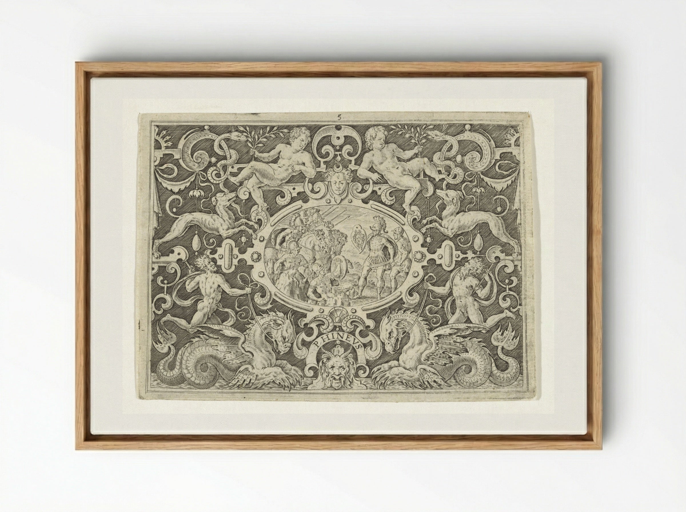 Cartouche: Perseus toont zijn Medusaschild aan Phineus - Abraham de Bruyn - Framed Canvas Wood