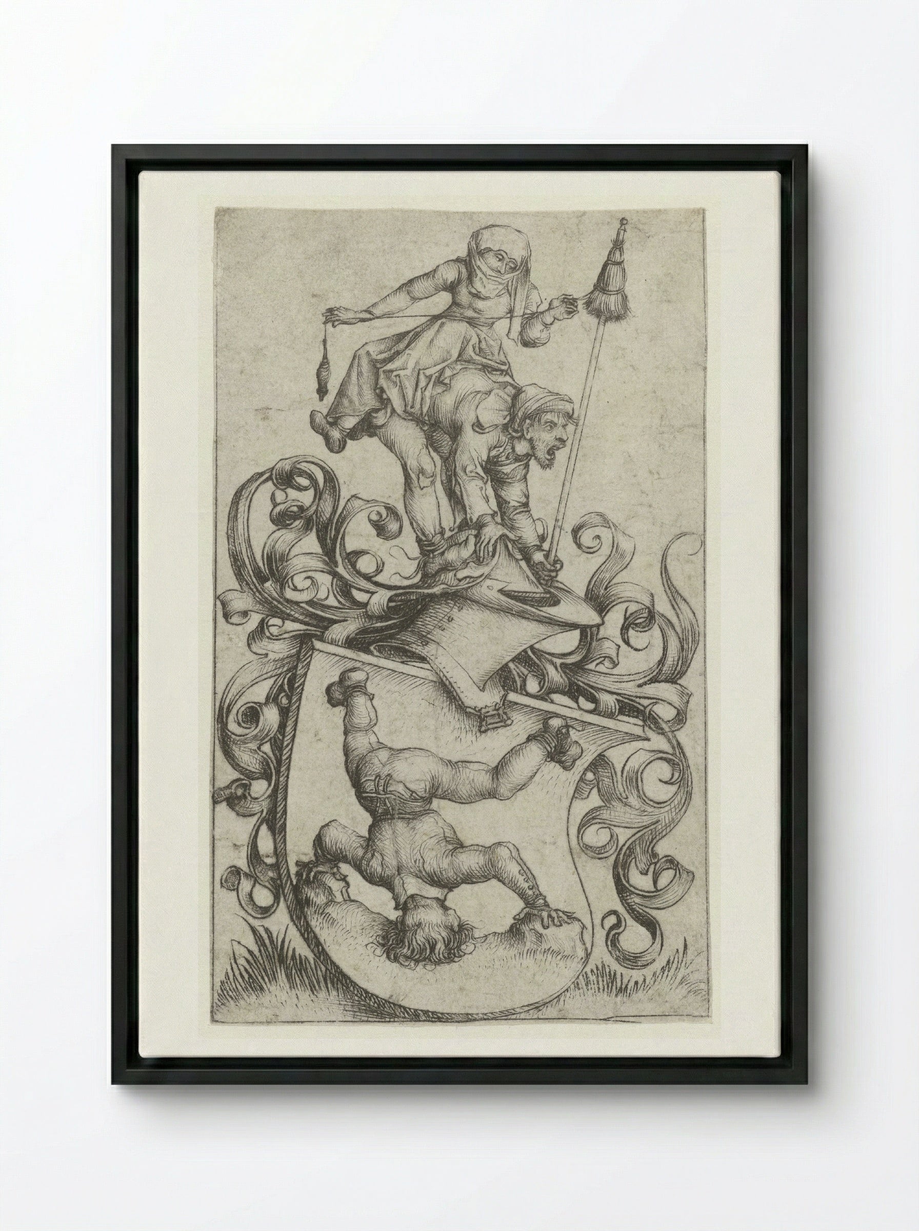 Coat of Arms with a Peasant Standing on His Head - Master of the Amsterdam Cabinet - Framed Canvas Black