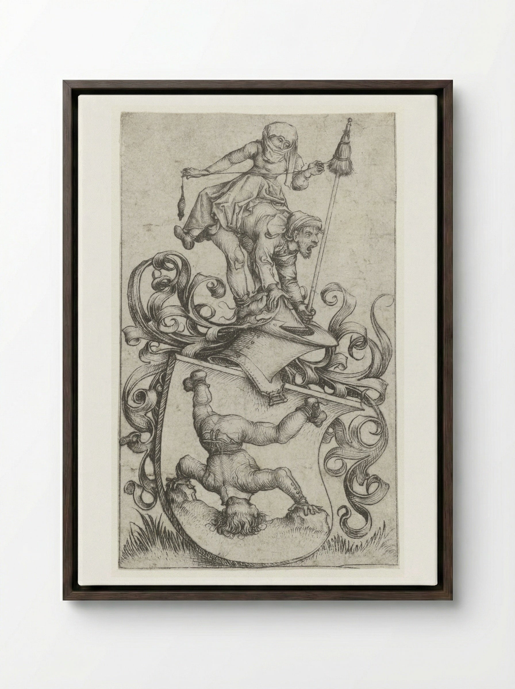 Coat of Arms with a Peasant Standing on His Head - Master of the Amsterdam Cabinet - Framed Canvas Dark Wood