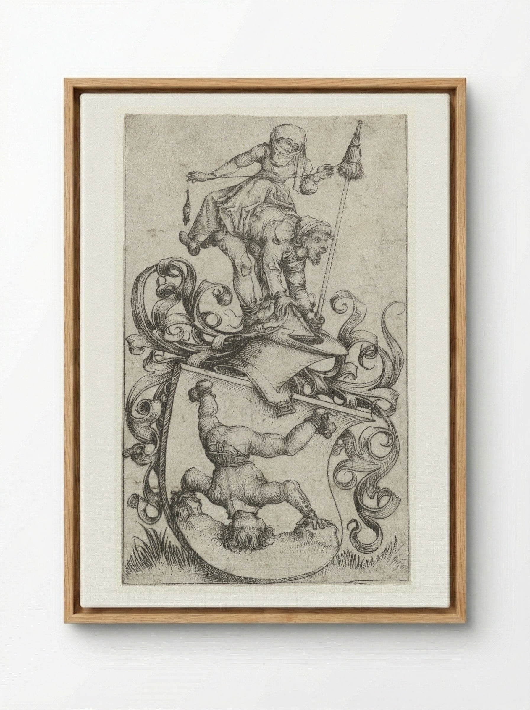 Coat of Arms with a Peasant Standing on His Head - Master of the Amsterdam Cabinet - Framed Canvas Wood