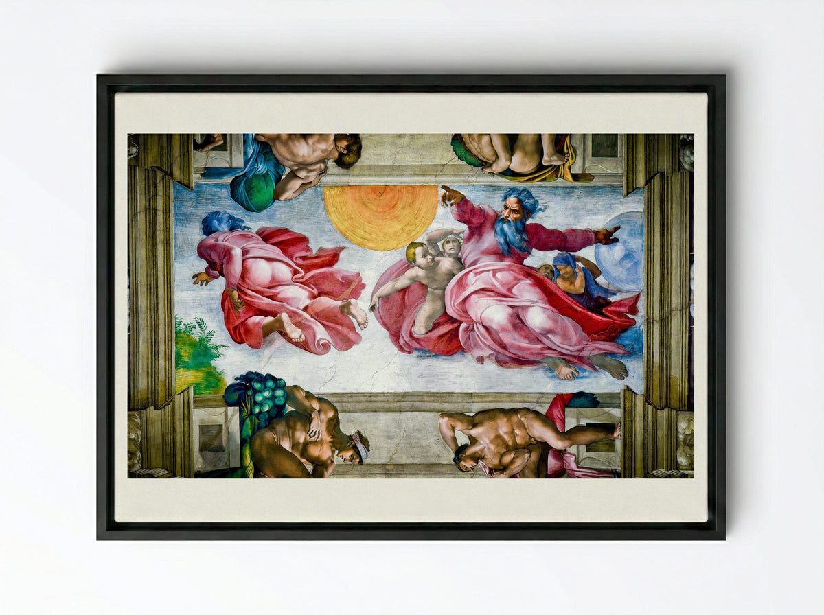 The Creation of the Sun and Moon - Michelangelo Buonarroti - Framed Canvas Black