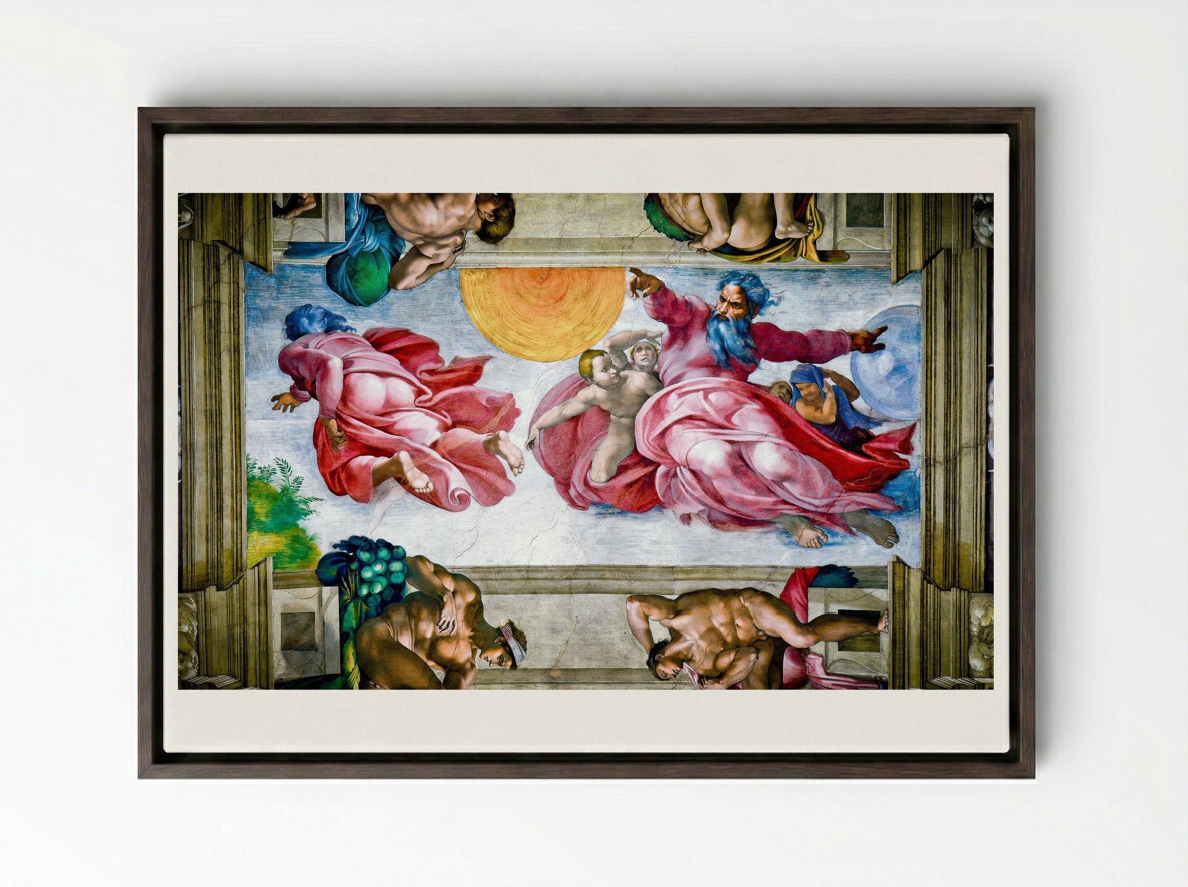 The Creation of the Sun and Moon - Michelangelo Buonarroti - Framed Canvas Dark Wood
