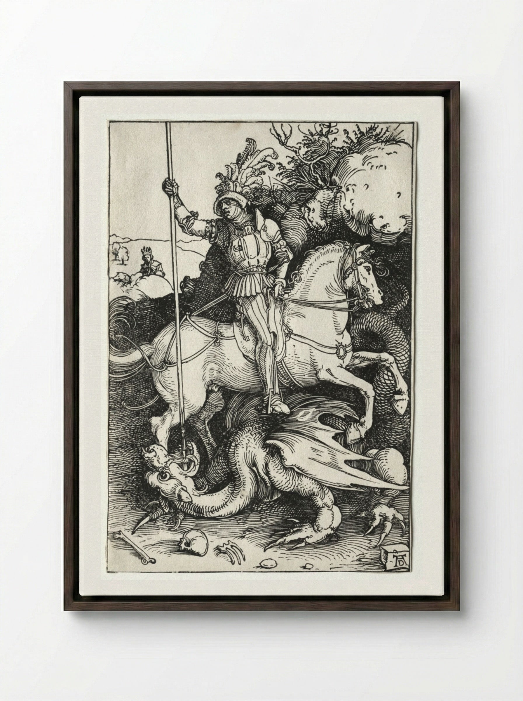 St. George on Horseback - Albrecht Dürer - Framed Canvas Dark Wood