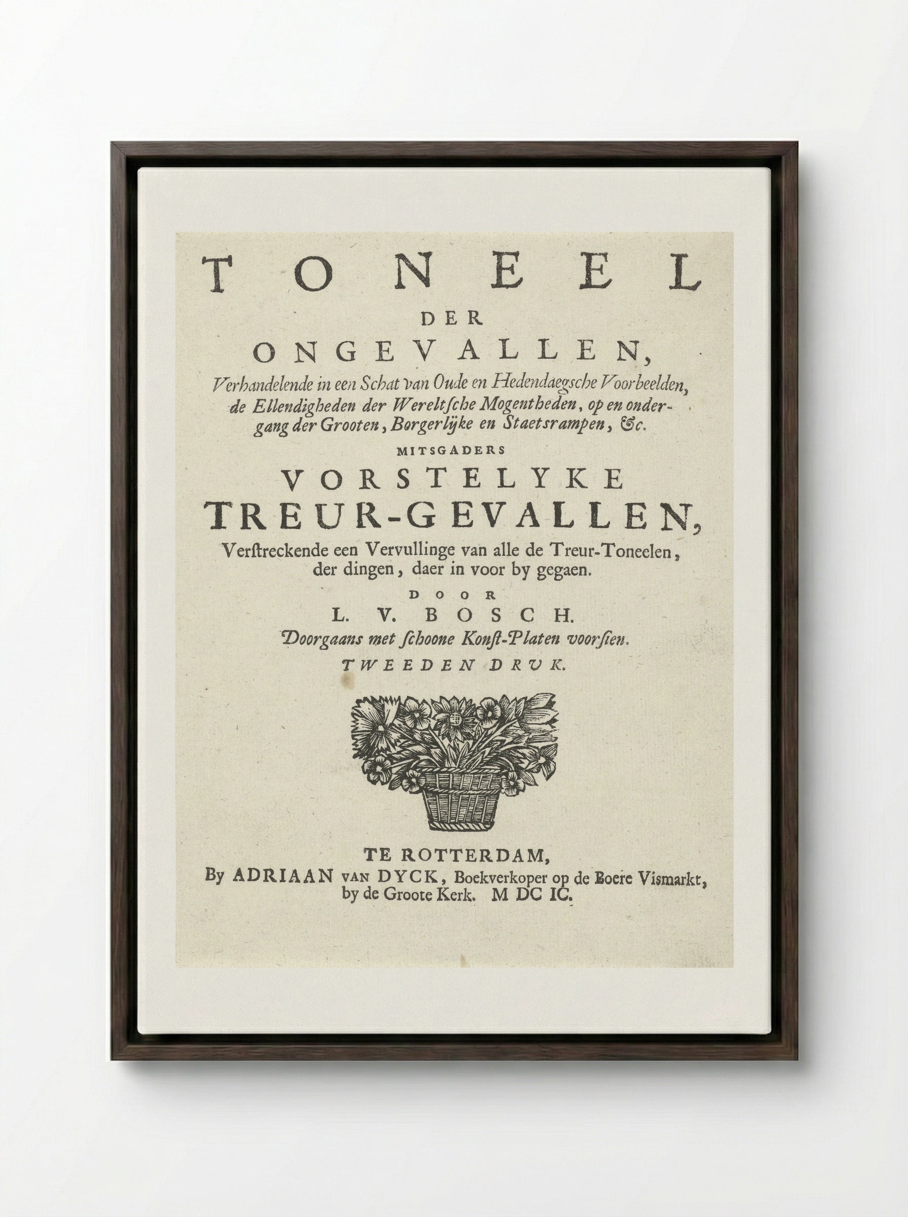 Title Page for L. van den Bos, Toneel der ongevallen - Arnold Houbraken - Framed Canvas Dark Wood