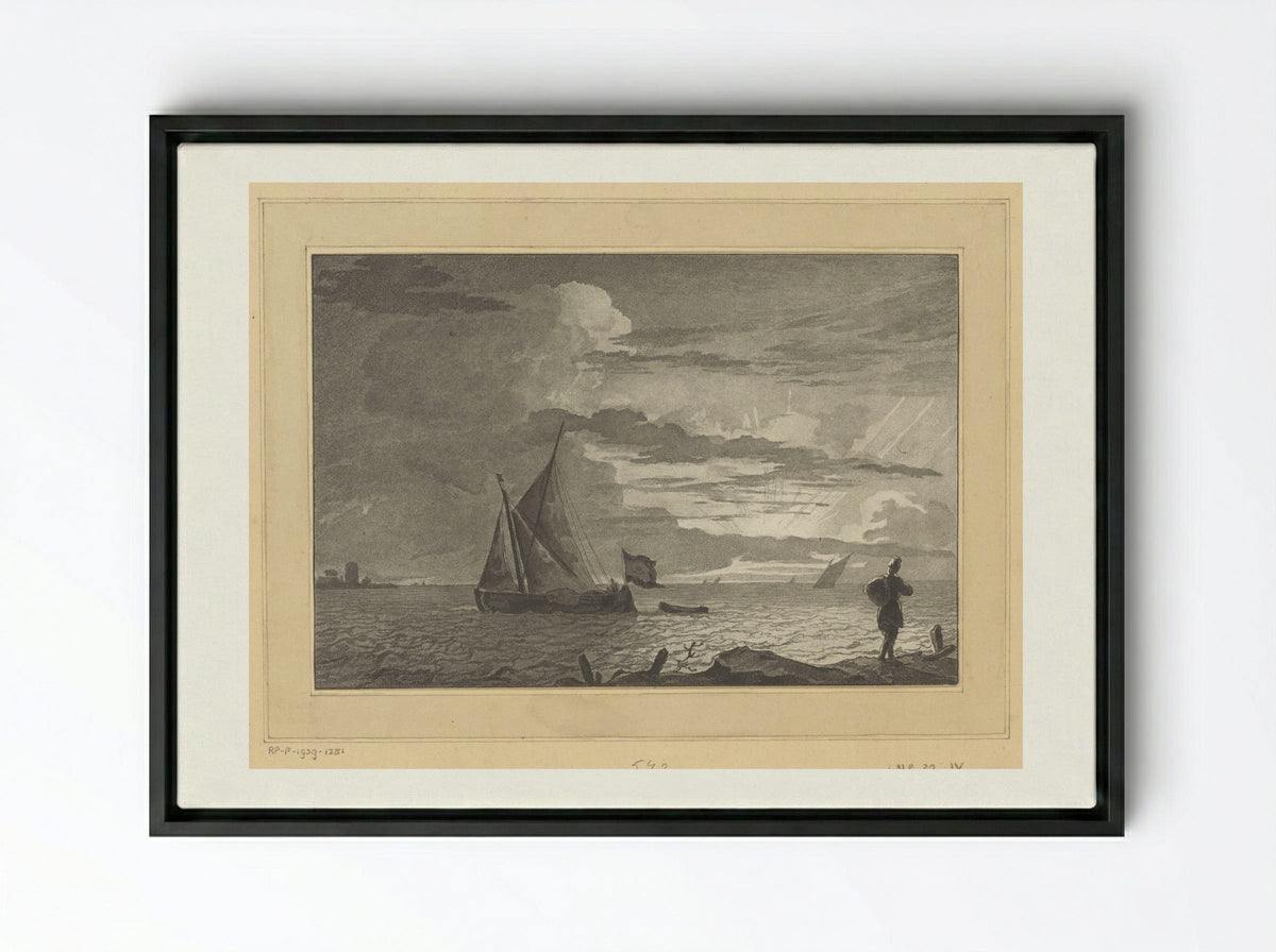 Man with a Sack on His Shoulder at Sunrise - Cornelis Brouwer - Framed Canvas Black