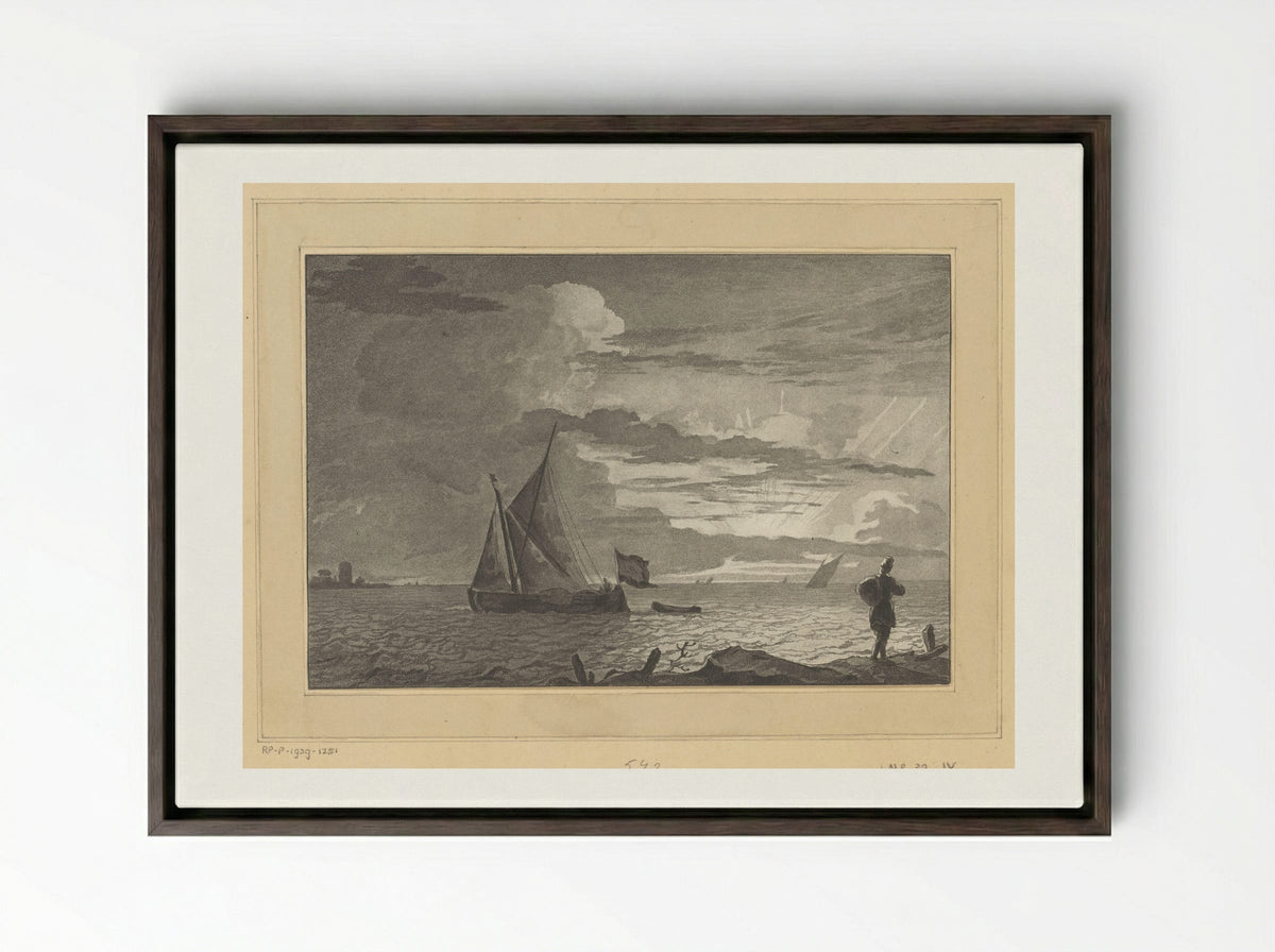 Man with a Sack on His Shoulder at Sunrise - Cornelis Brouwer - Framed Canvas Dark Wood