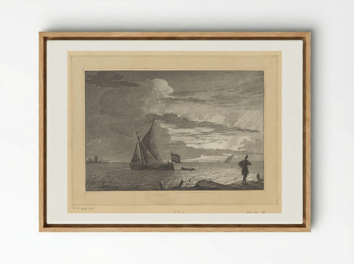 Man with a Sack on His Shoulder at Sunrise - Cornelis Brouwer - Framed Canvas Wood
