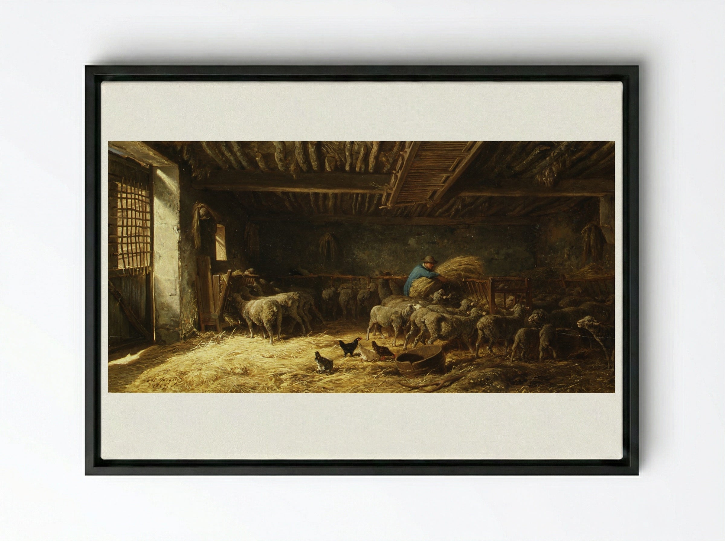The Sheepfold - Charles Jacque - Framed Canvas Black