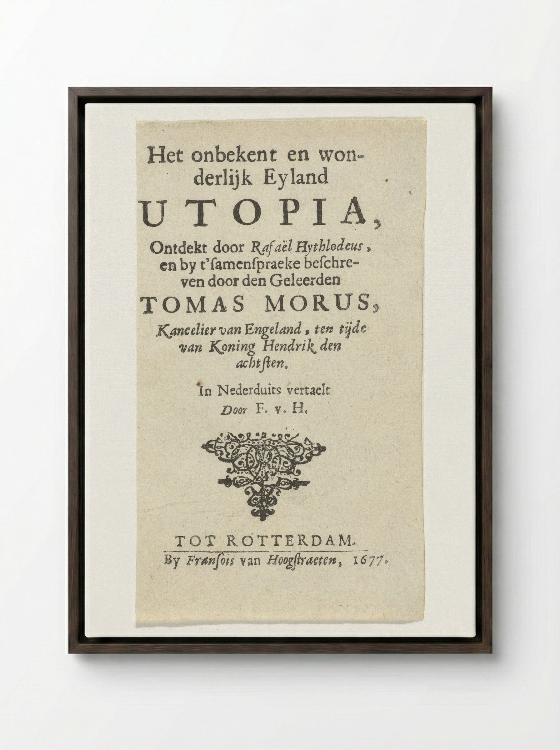 Title Page for Thomas More's Utopia - Arnold Houbraken - Framed Canvas Dark Wood