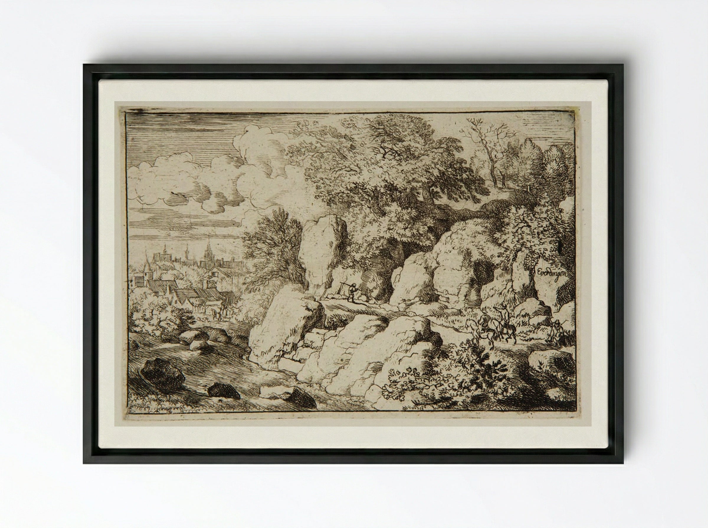 Two Men Riding Along Rocks - Allart van Everdingen - Framed Canvas Black
