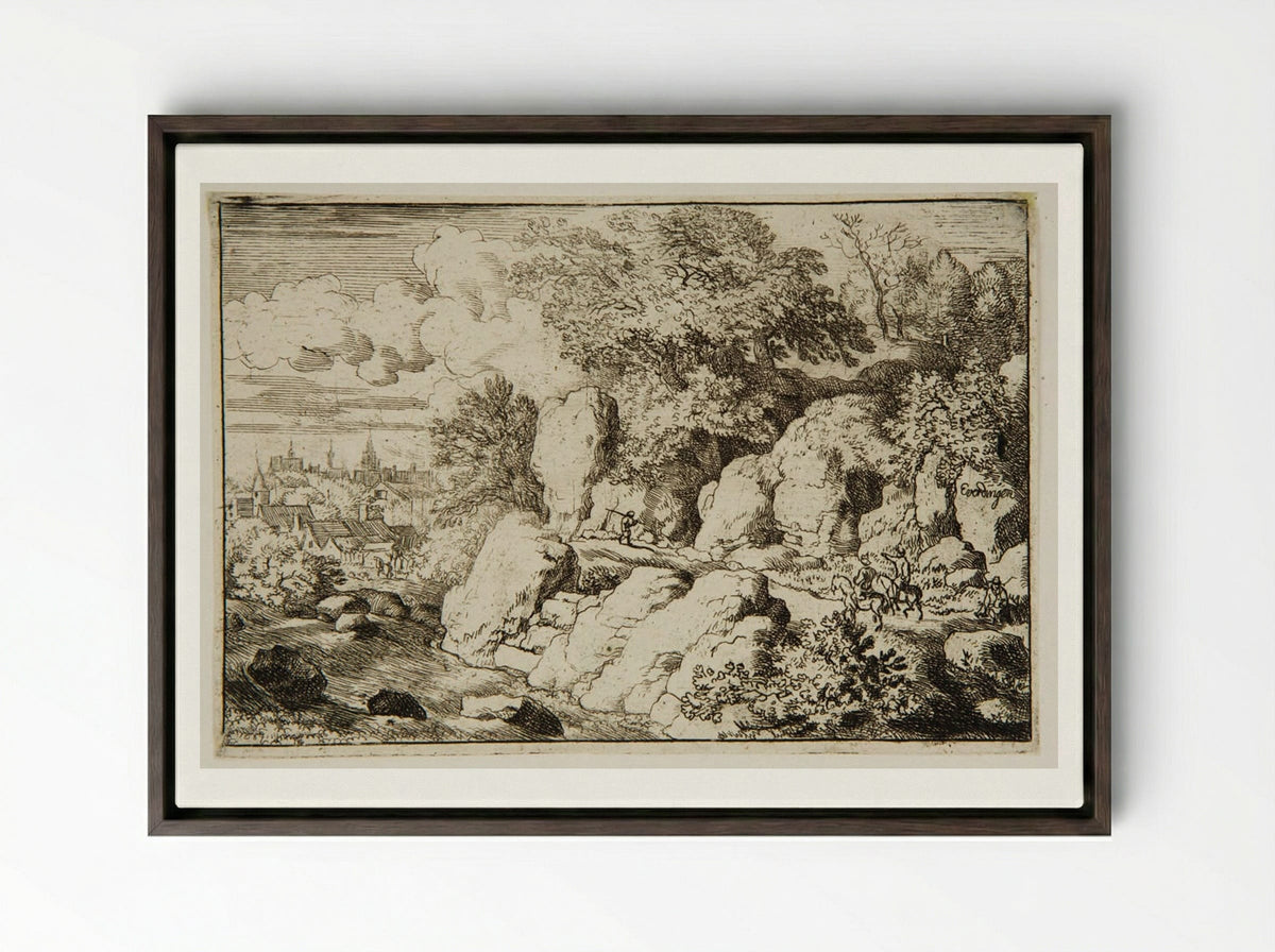 Two Men Riding Along Rocks - Allart van Everdingen - Framed Canvas Dark Wood